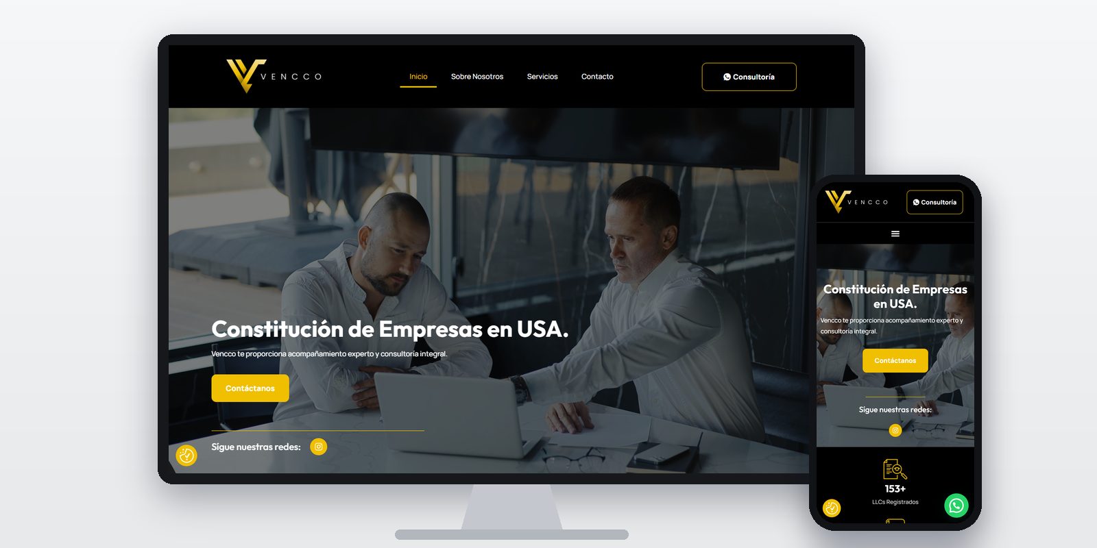 Página web de Vencco diseñada por BIM Soluciones, vista en ordenador y móvil