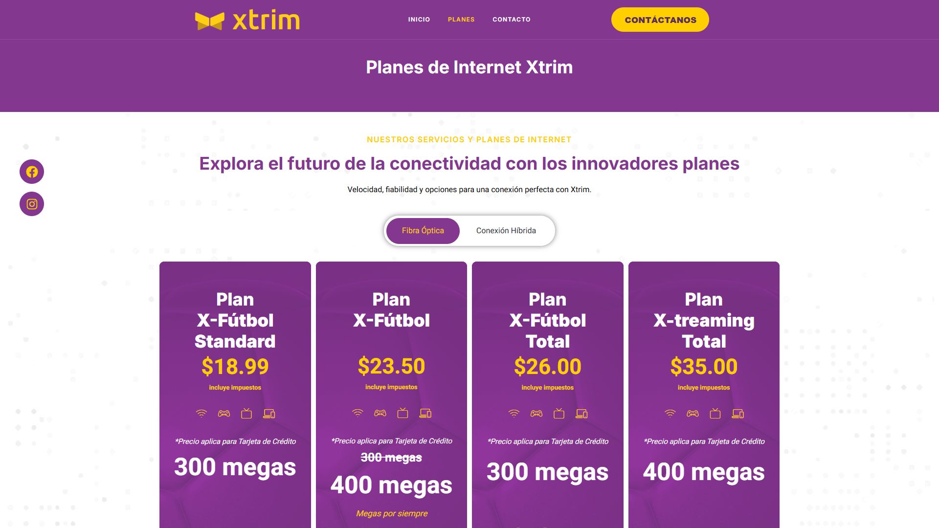 Página de planes de internet de la web de Mundo Xtrim