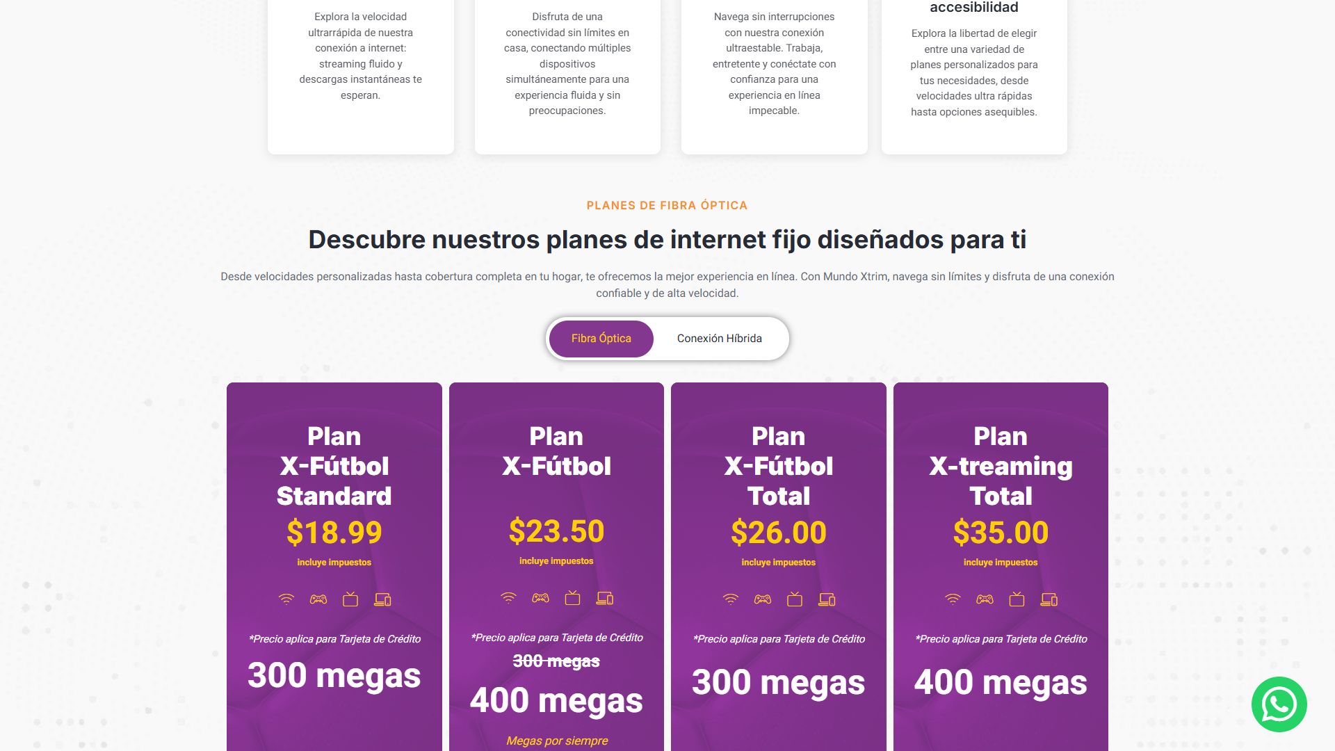 Tarjetas de planes de la web de Mundo Xtrim