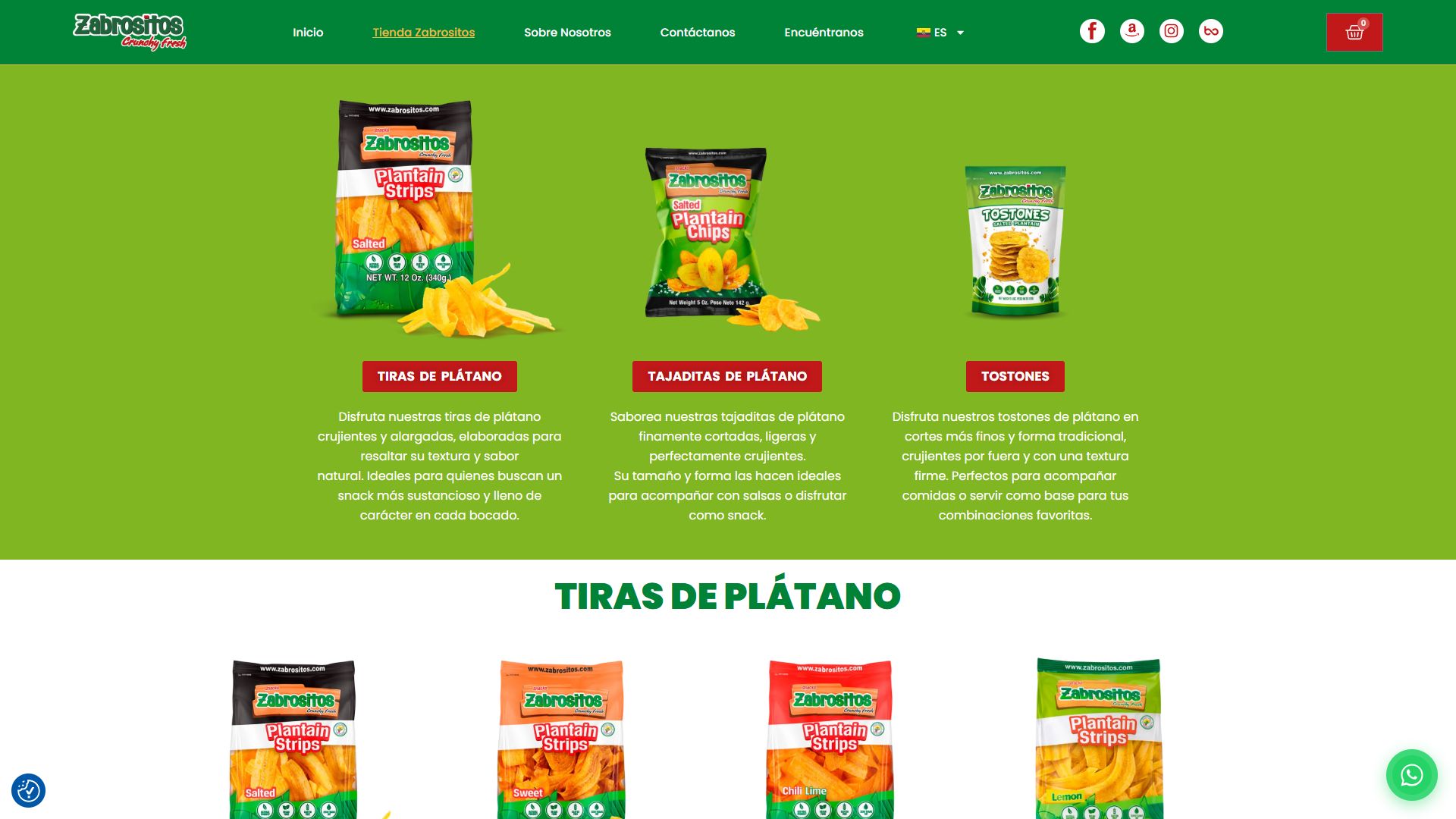 Página de productos de la tienda online de Zabrositos