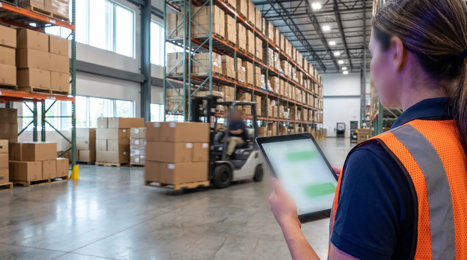 Supervisora del centro de distribución de una marca de alimentos revisa en su tablet una cotización por WhatsApp