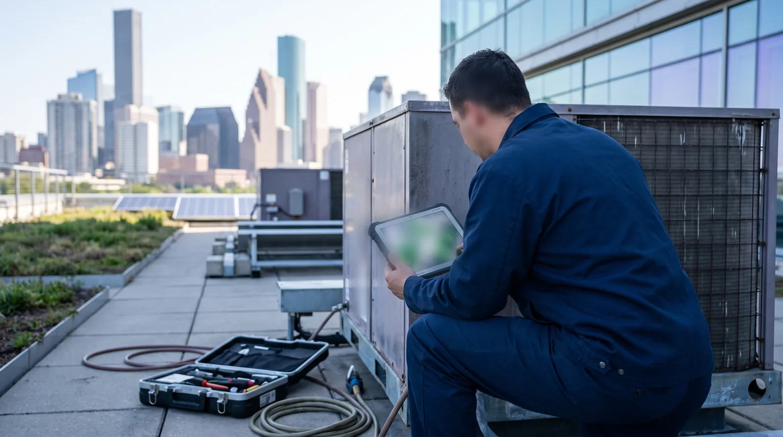 Técnico de una empresa de climatización de Houston revisa en su tablet la visita que agendó el chatbot