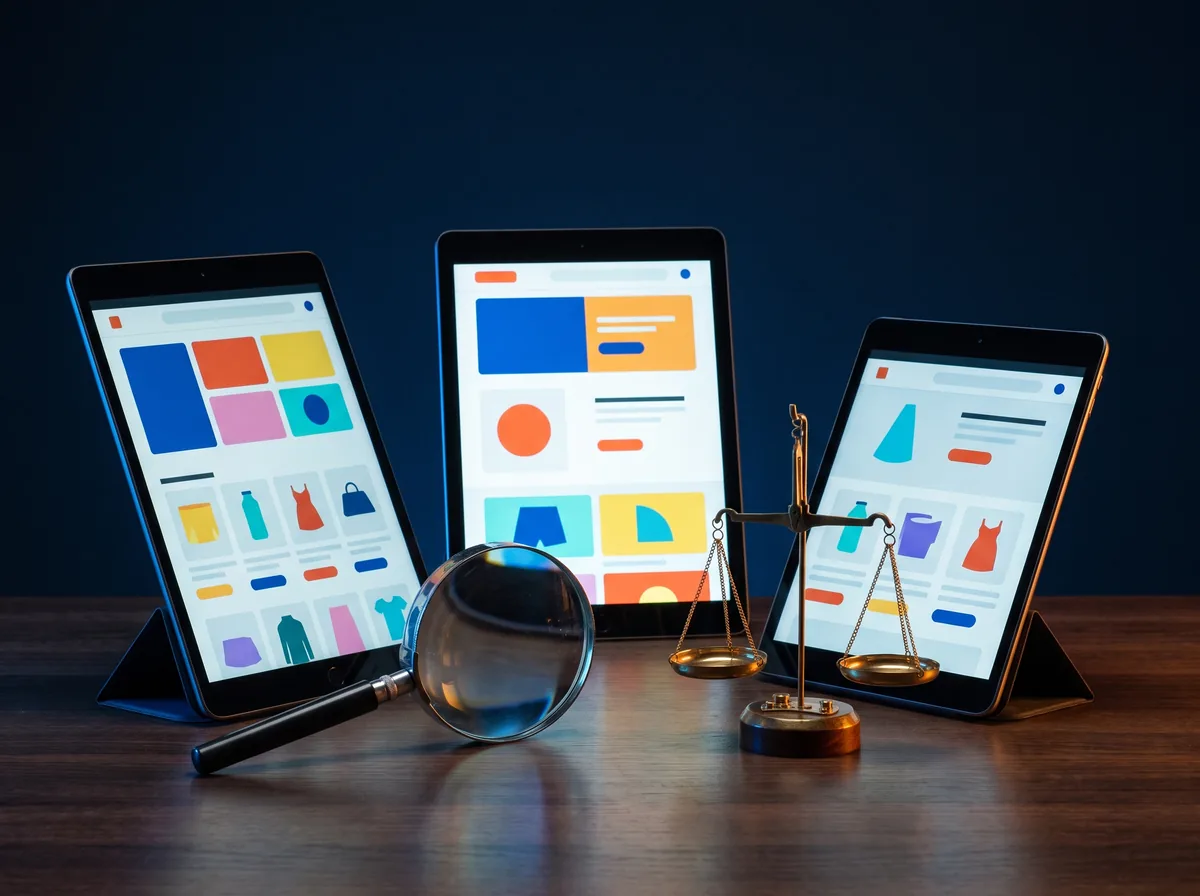 Tres tabletas con maquetas de tiendas online, una lupa y una balanza sobre una mesa oscura