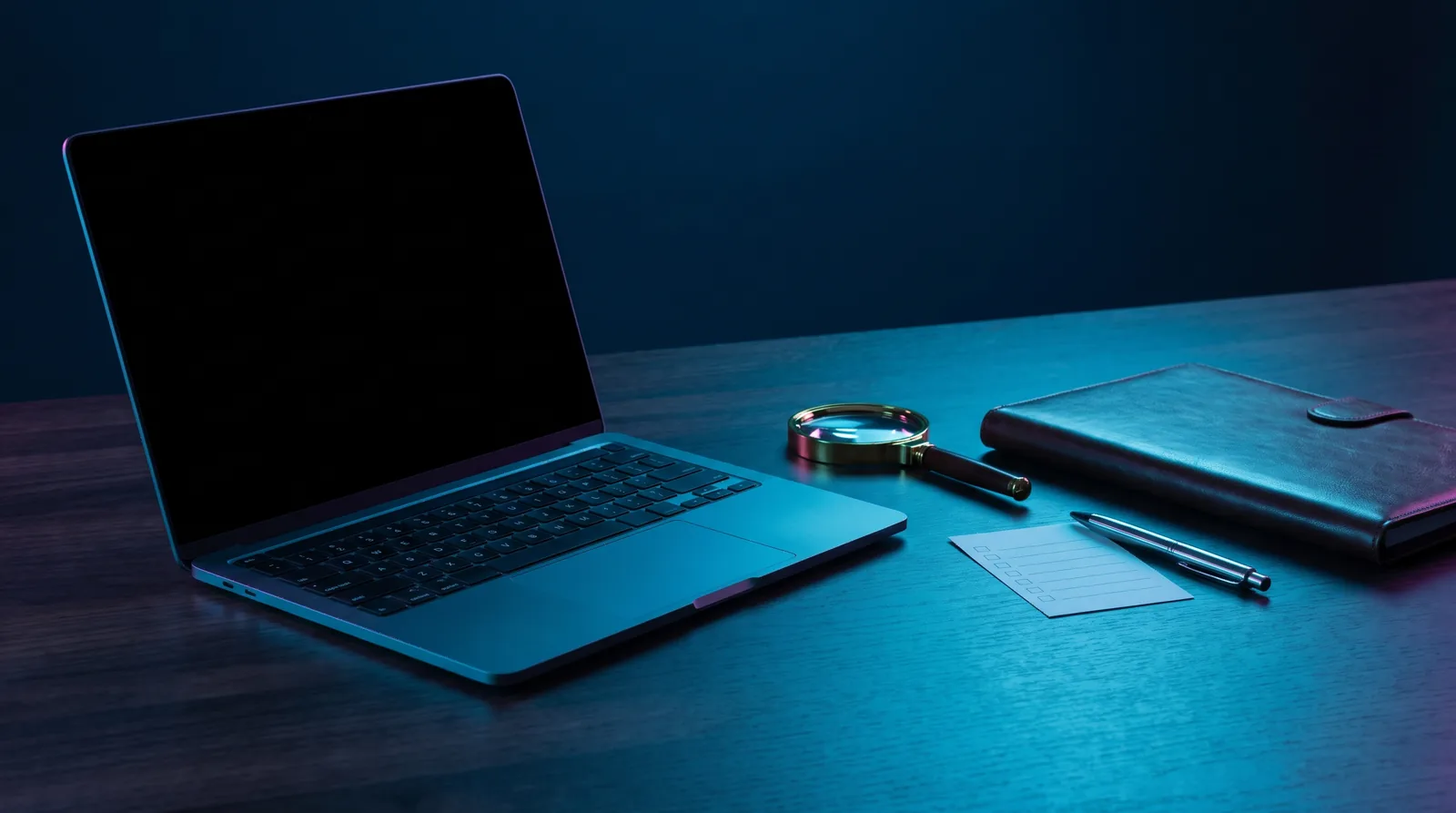 Laptop, lupa, carpeta y una lista de verificación en blanco sobre un escritorio oscuro con luz azul
