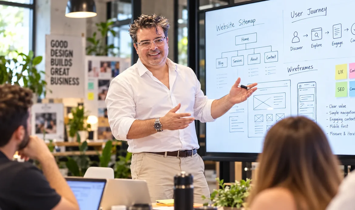Elio Zambrano explica en una pizarra digital el mapa de una web y el recorrido de sus clientes
