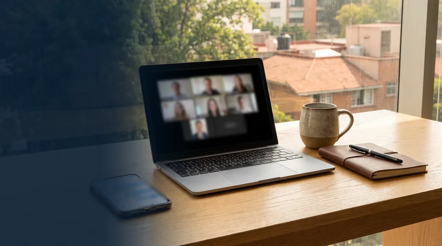 Celular con una conversación de WhatsApp junto a una laptop con una videollamada en una oficina de Polanco, en CDMX