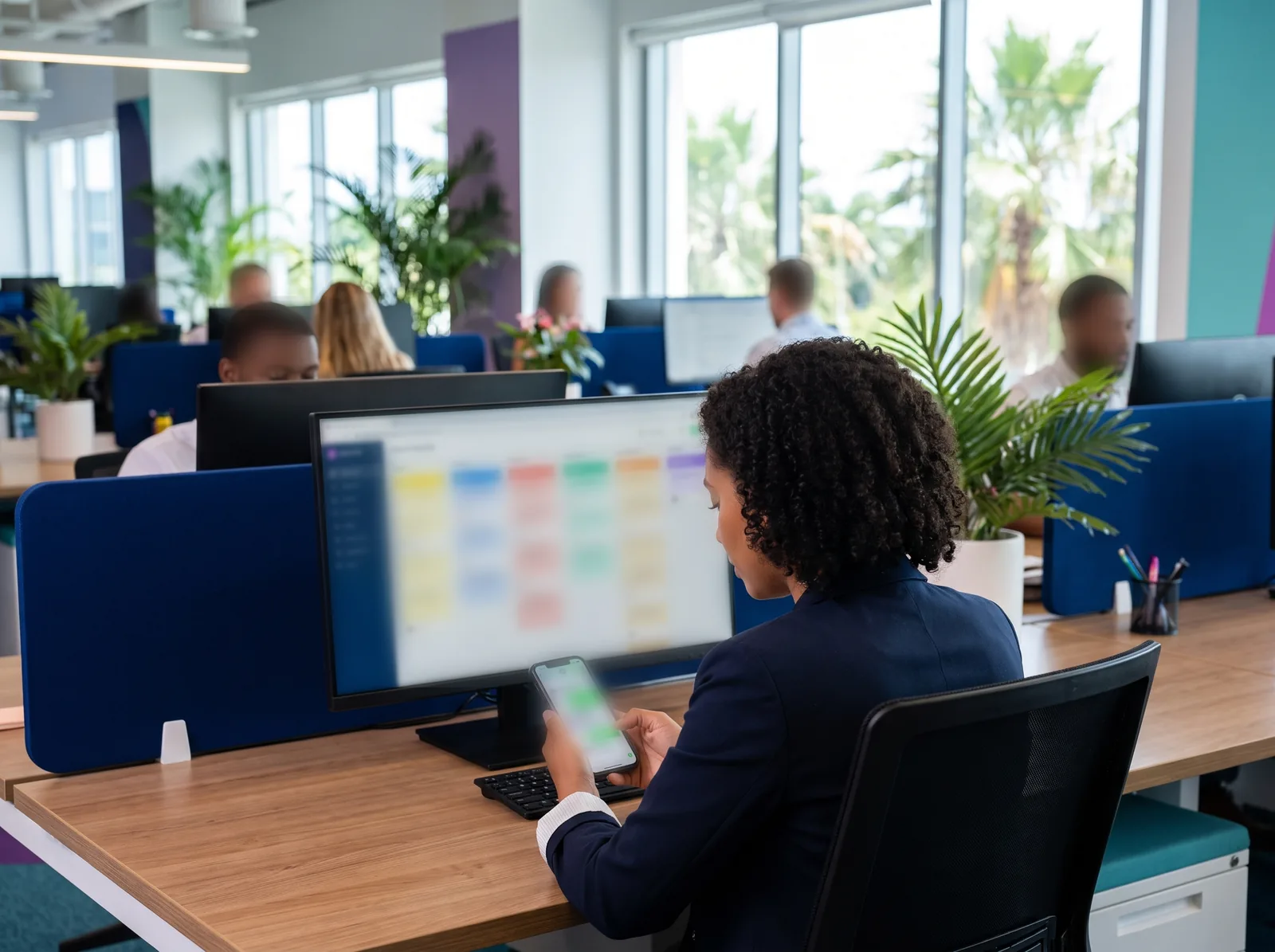 Asesora comercial de una empresa hispana de Florida responde por WhatsApp a un cliente desde su escritorio