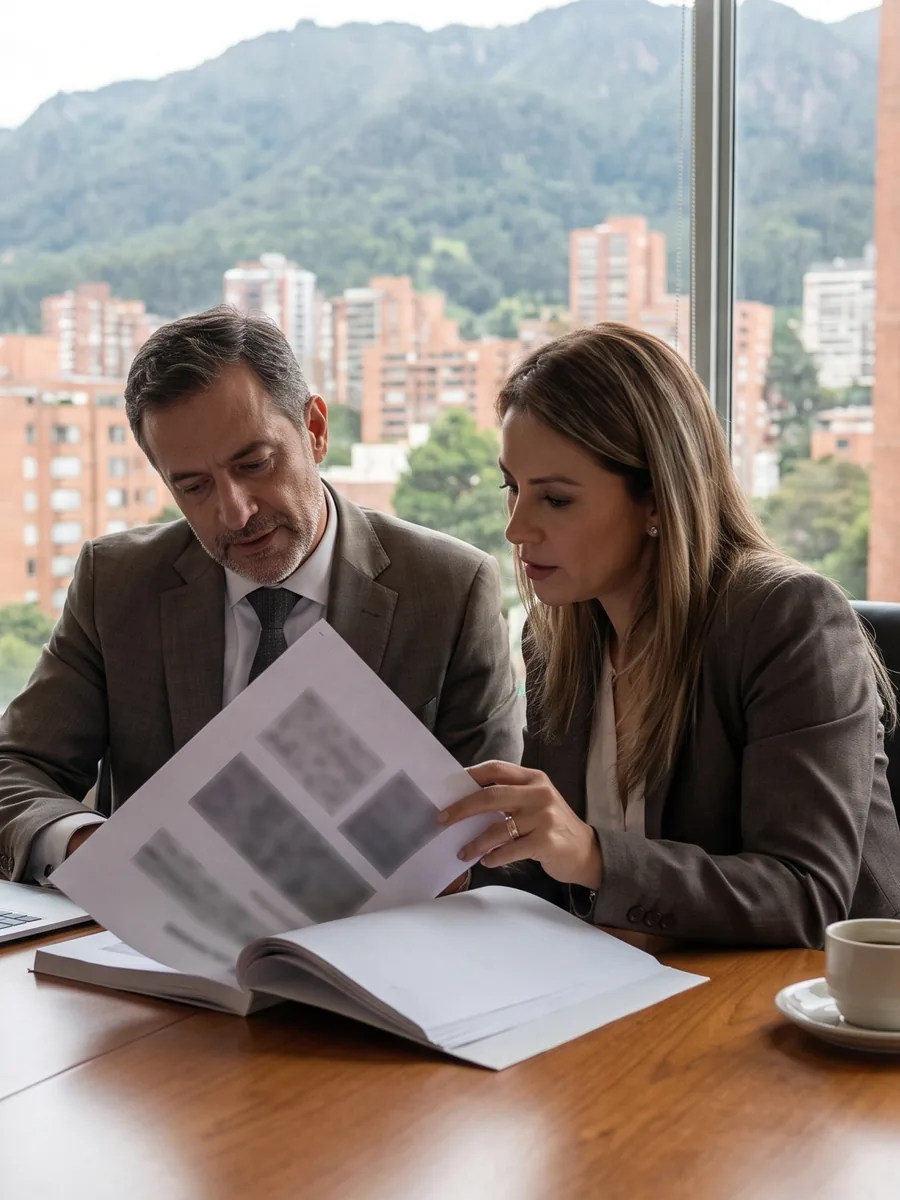 Gerente y directora financiera de una empresa colombiana revisan la propuesta de su página web en una sala de juntas