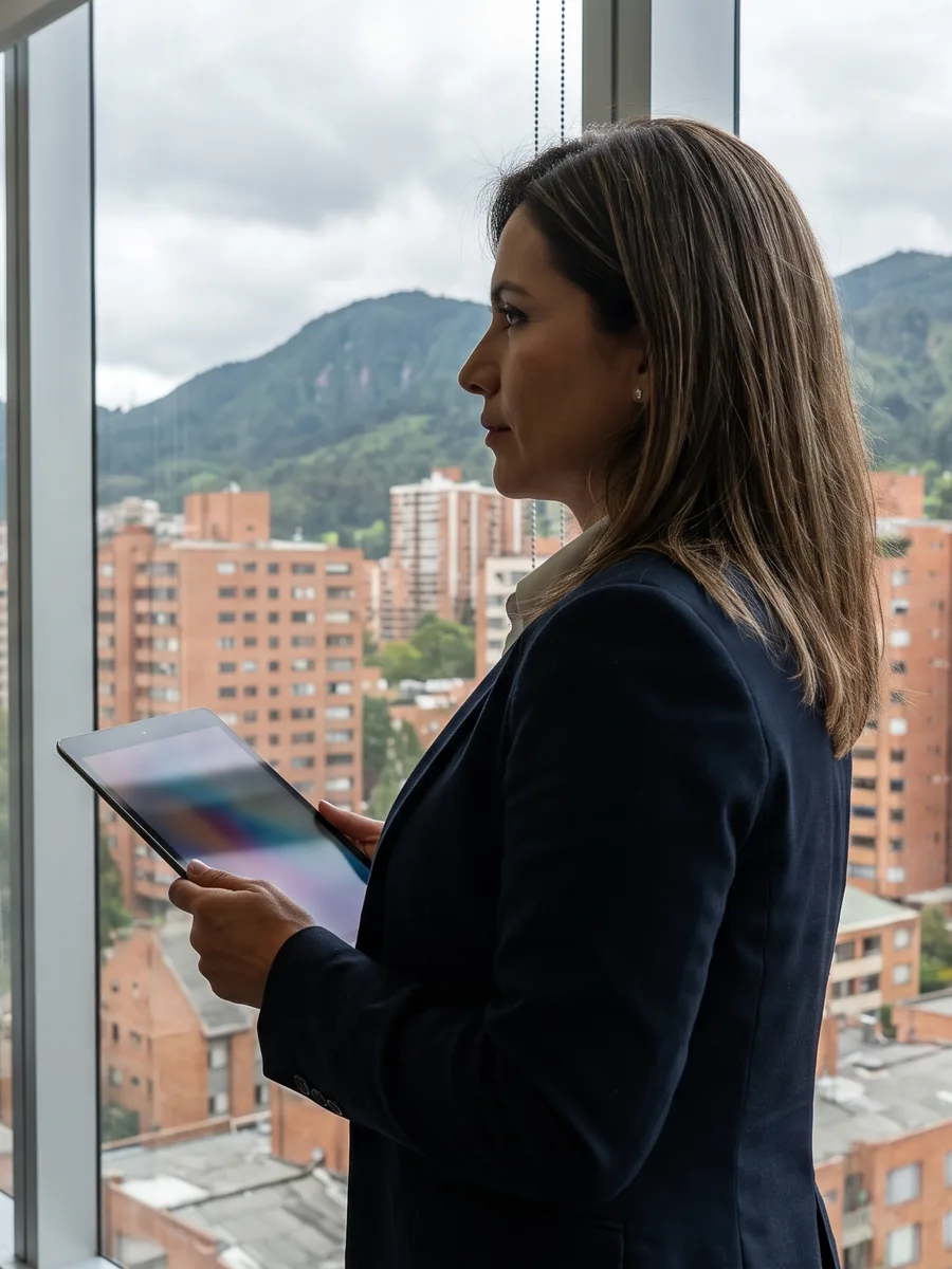Directiva de una empresa de Bogotá revisa su página web en una oficina con vista a los cerros orientales