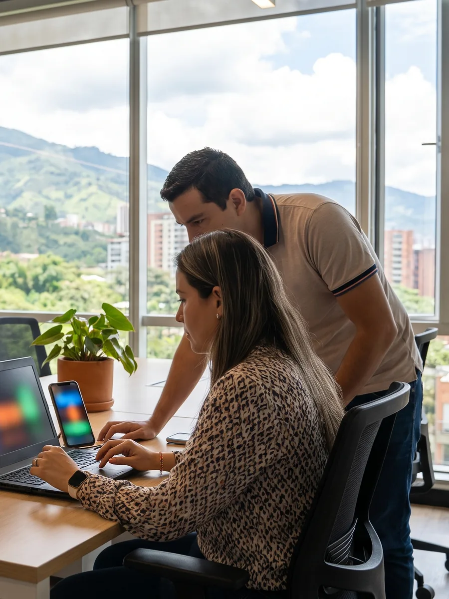 Gerente de marketing de una empresa colombiana revisa en laptop y celular el diseño de su nueva página web