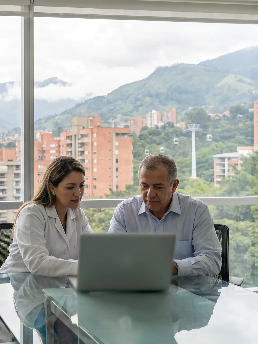 Directora y gerente de una clínica de Medellín revisan su página web con el valle de Aburrá y sus montañas al fondo