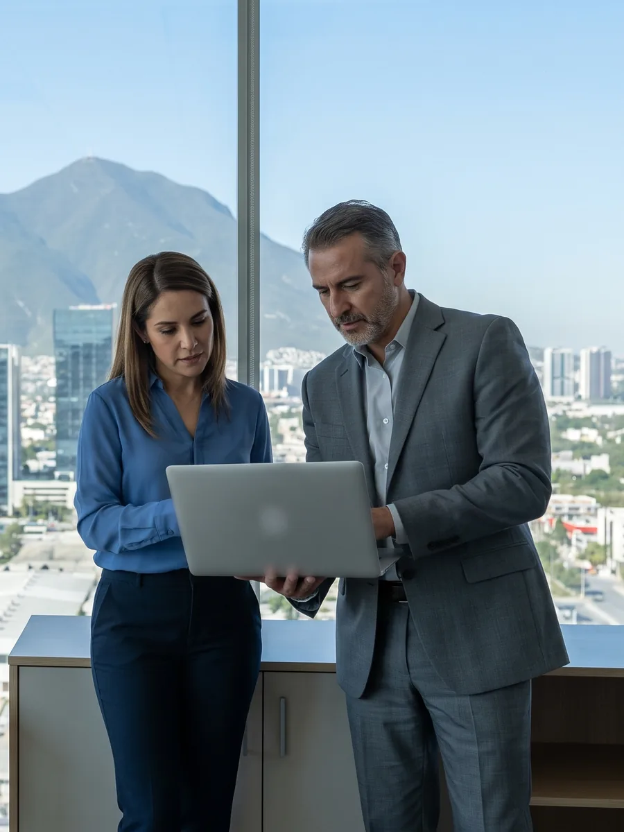 Directivos de una empresa industrial de Monterrey revisan su nueva página web con el Cerro de la Silla al fondo