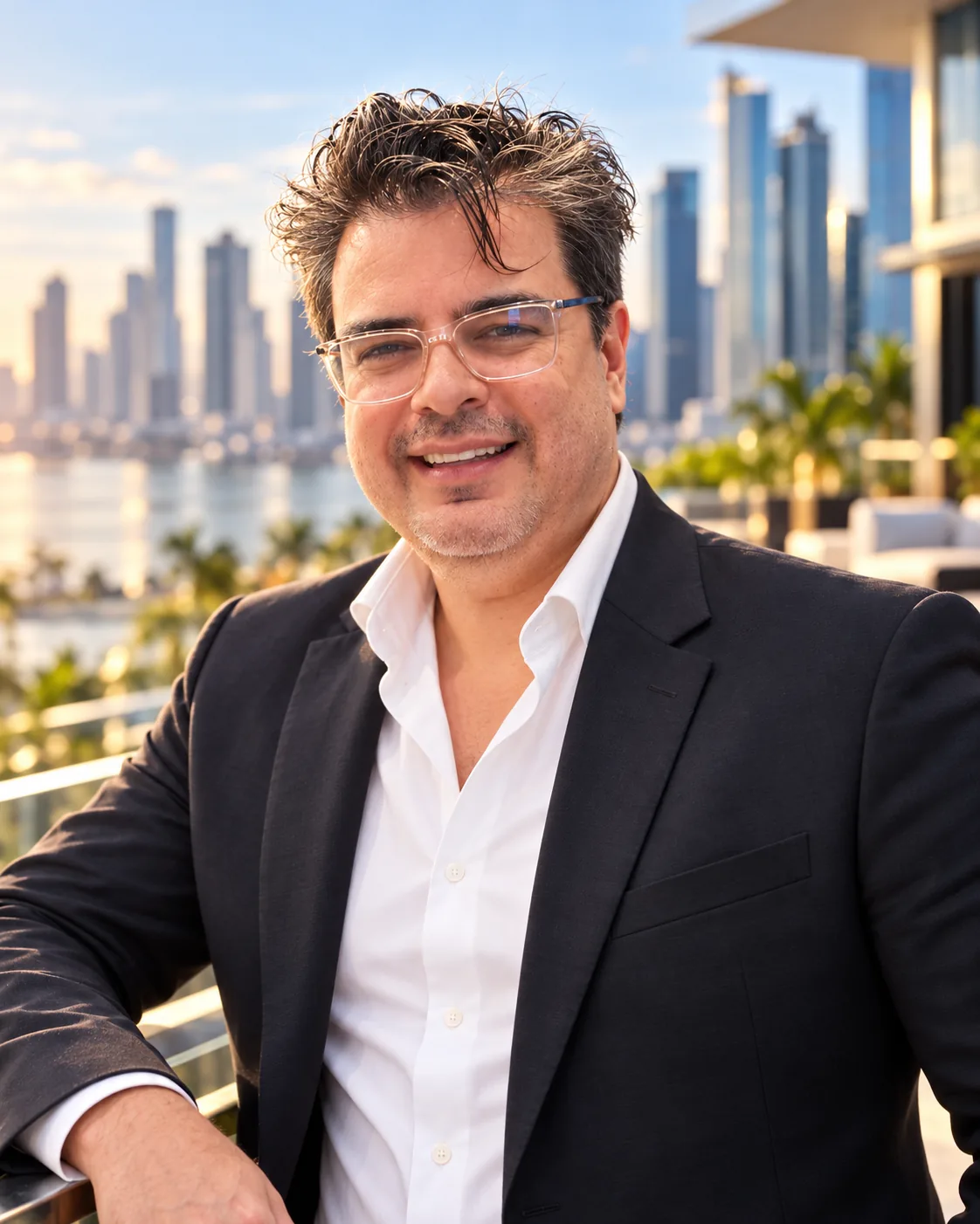 Elio Zambrano, fundador de BIM Soluciones y de Konnet, en una terraza frente a una bahía con rascacielos