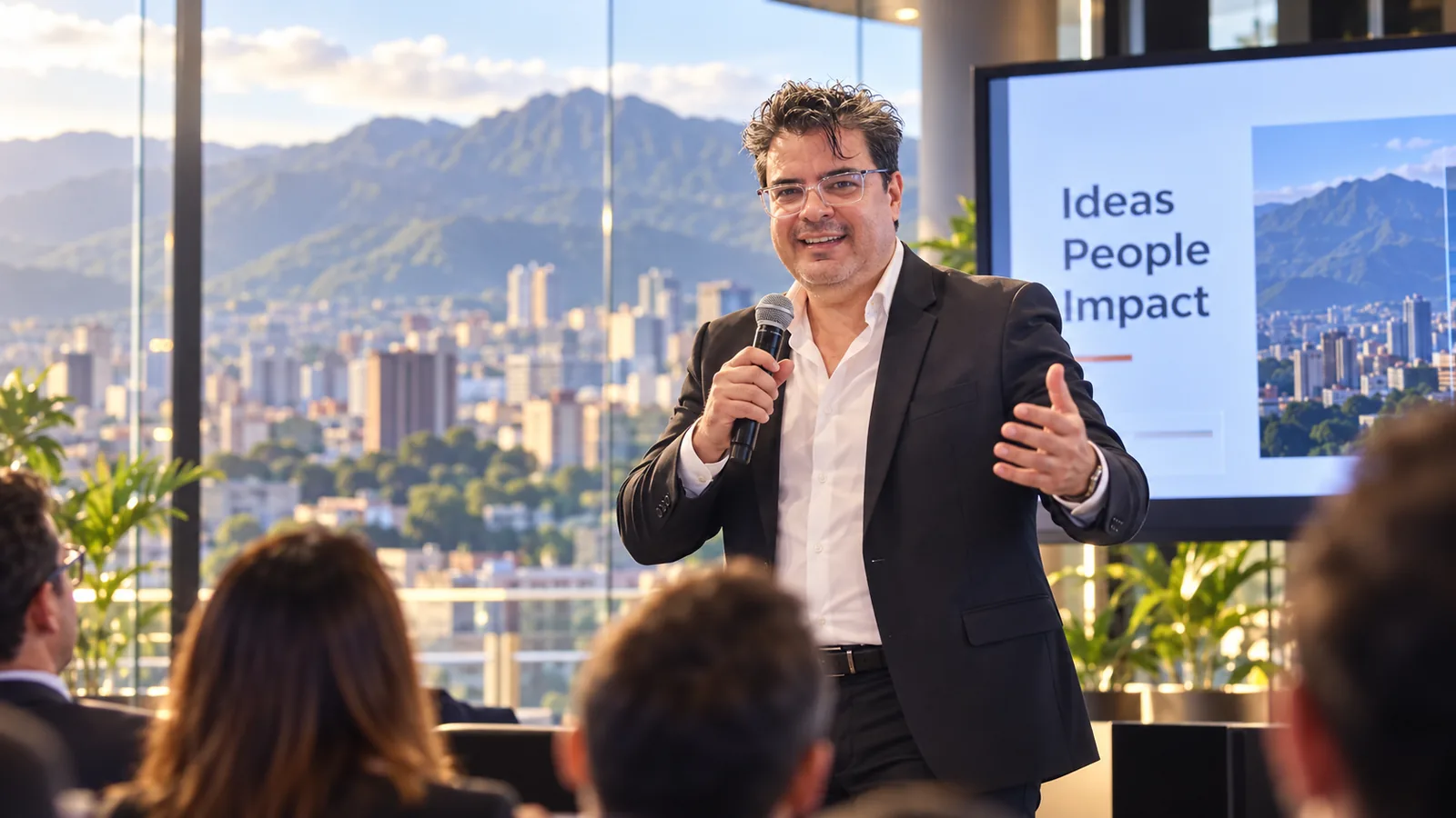 Elio Zambrano da una charla con micrófono ante un grupo de empresarios