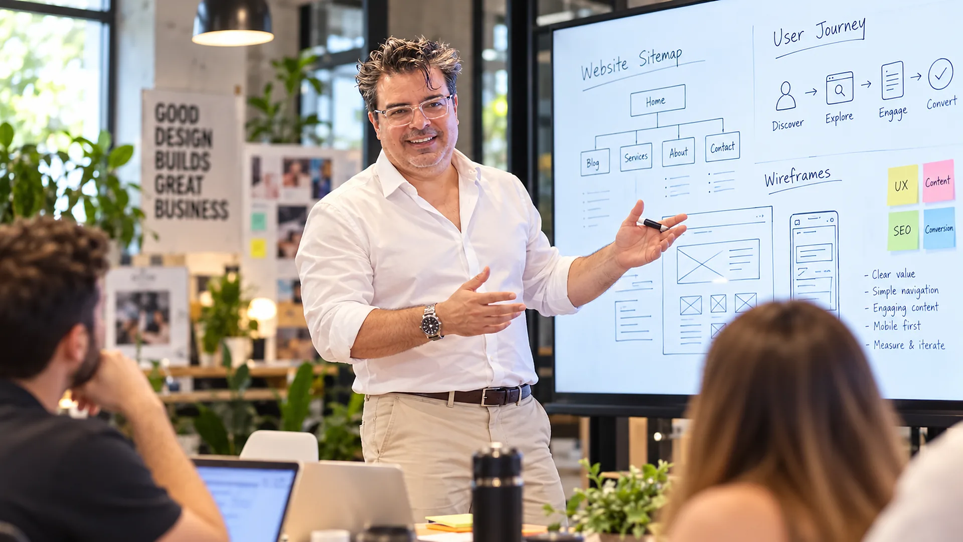 Elio Zambrano explica el mapa del sitio y los wireframes de una página web en una pizarra digital