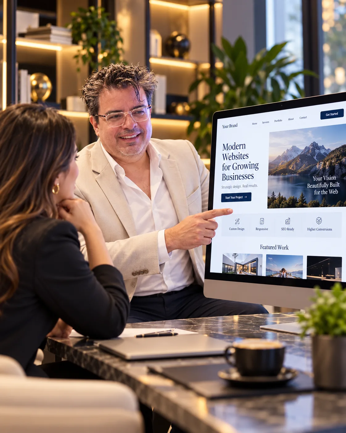 Elio Zambrano, fundador de BIM Soluciones, asesora a una clienta y le señala su página web en un monitor