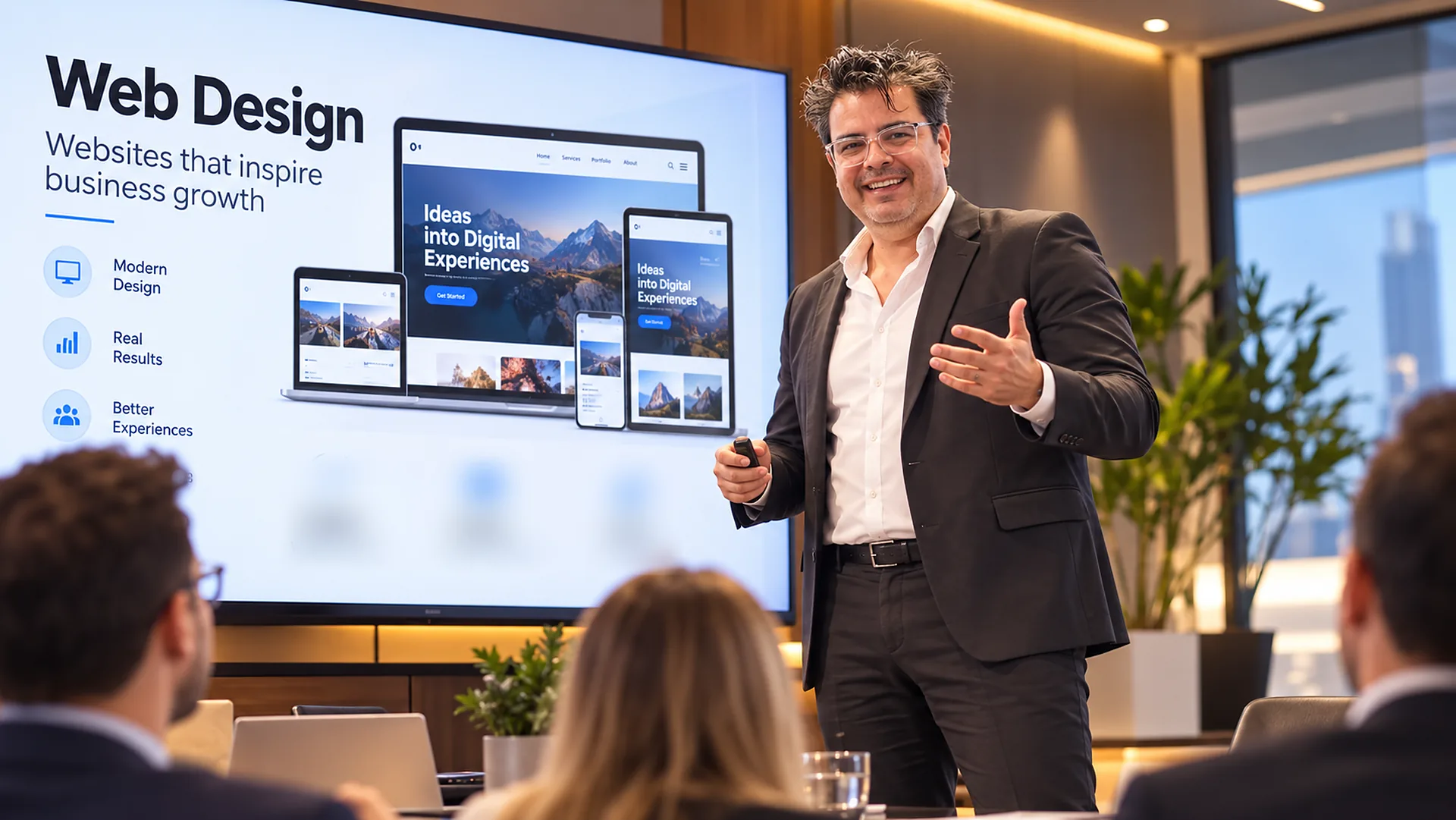 Elio Zambrano, fundador de BIM Soluciones, da una charla sobre diseño web en una sala de reuniones
