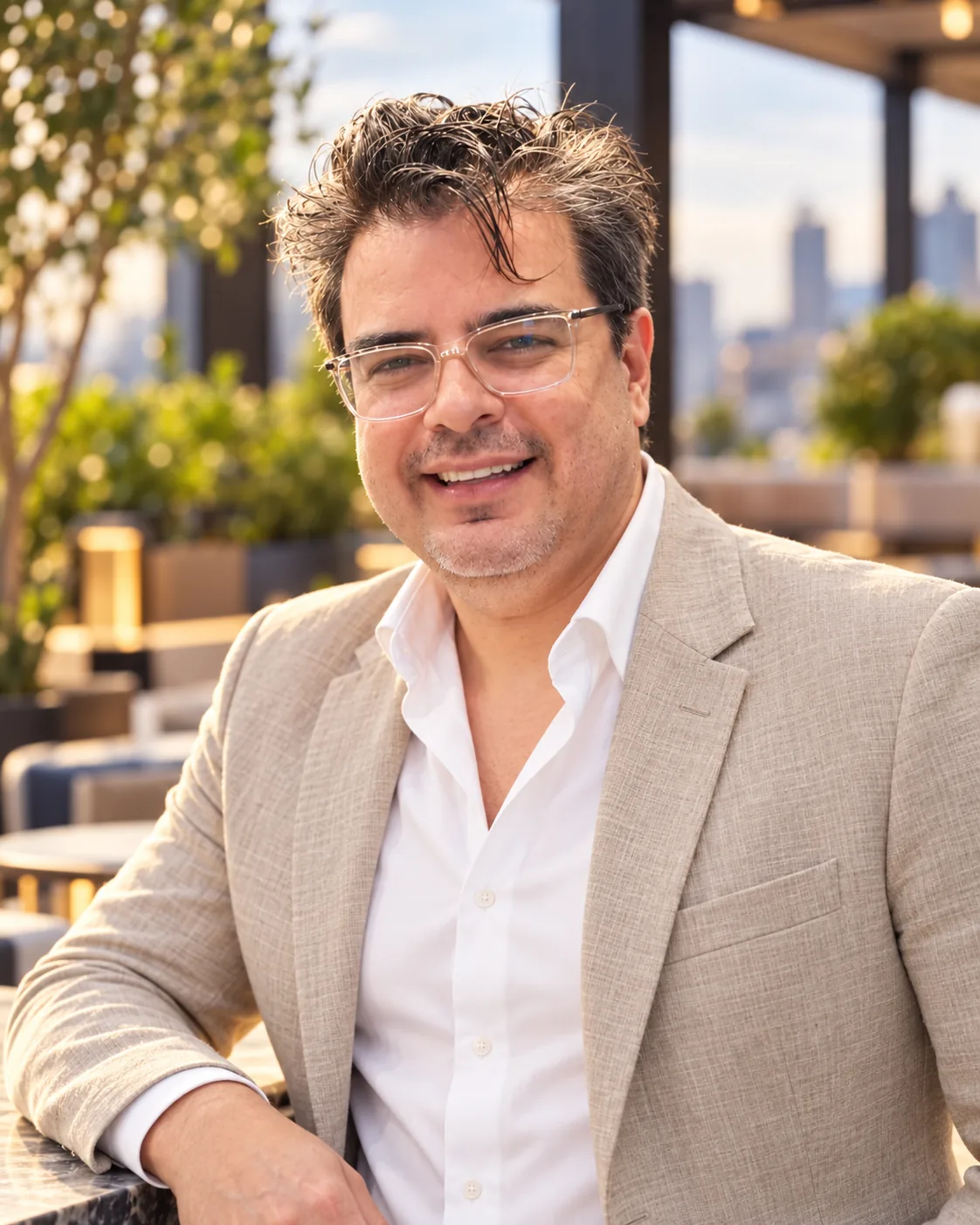 Elio Zambrano, fundador venezolano de BIM Soluciones, sonríe en una terraza con chaqueta beige