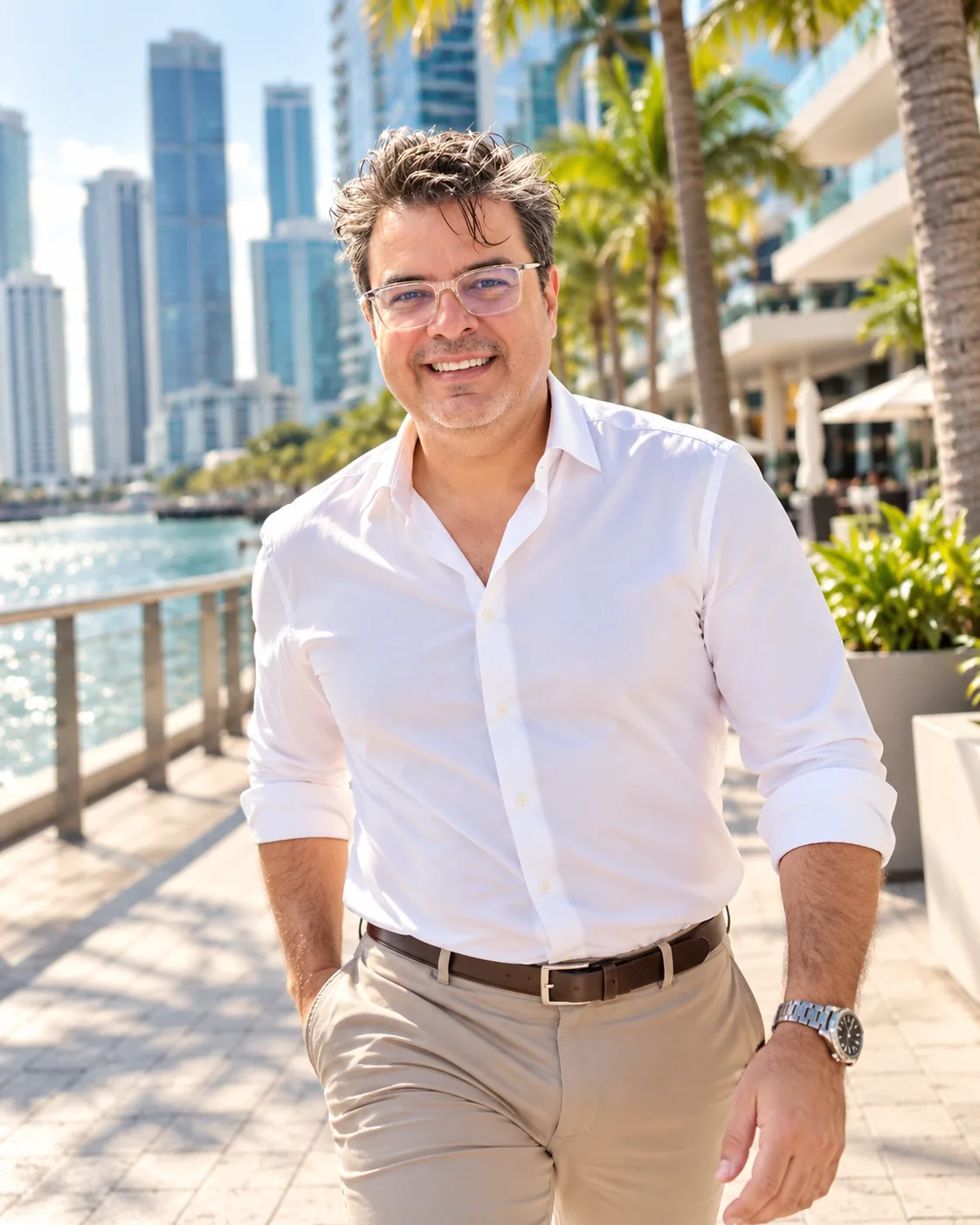 Elio Zambrano, de BIM Soluciones, camina con camisa blanca por un paseo junto al agua