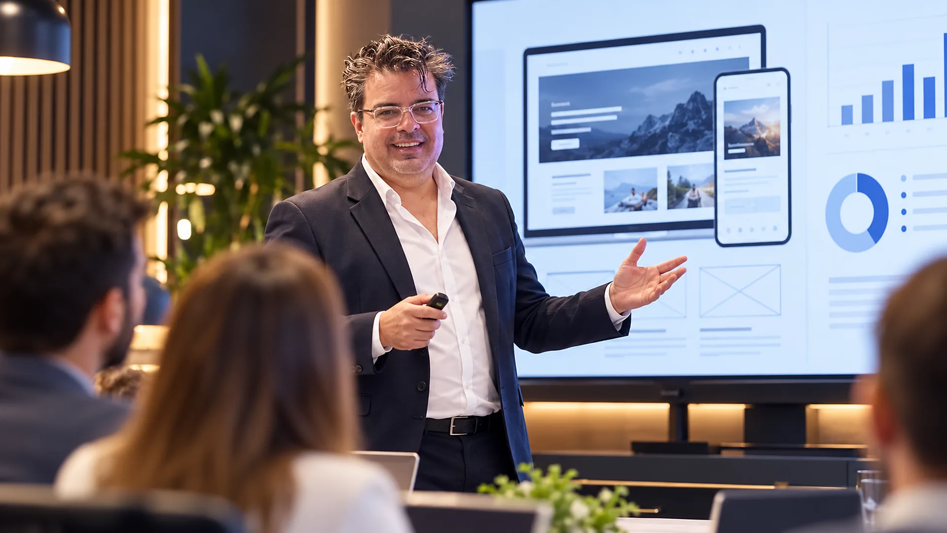 Elio Zambrano, fundador de BIM Soluciones, presenta una estrategia con maquetas y gráficas en una reunión