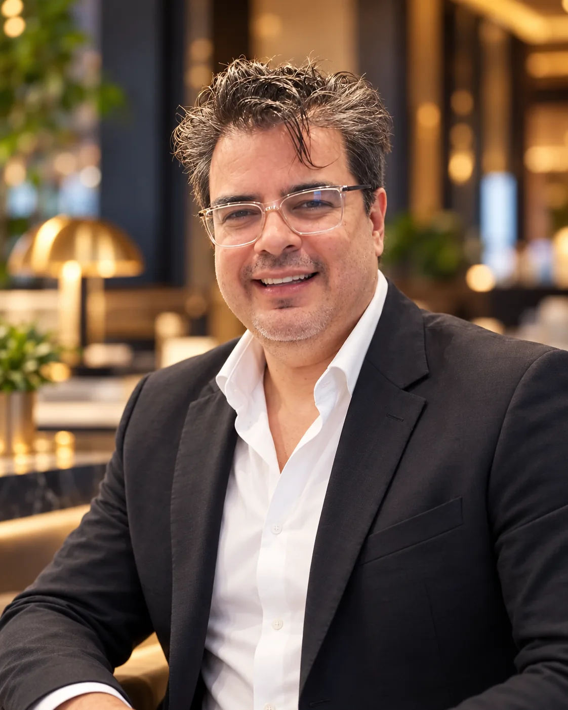Elio Zambrano, fundador de BIM Soluciones, con blazer negro y camisa blanca en un salón de luz cálida