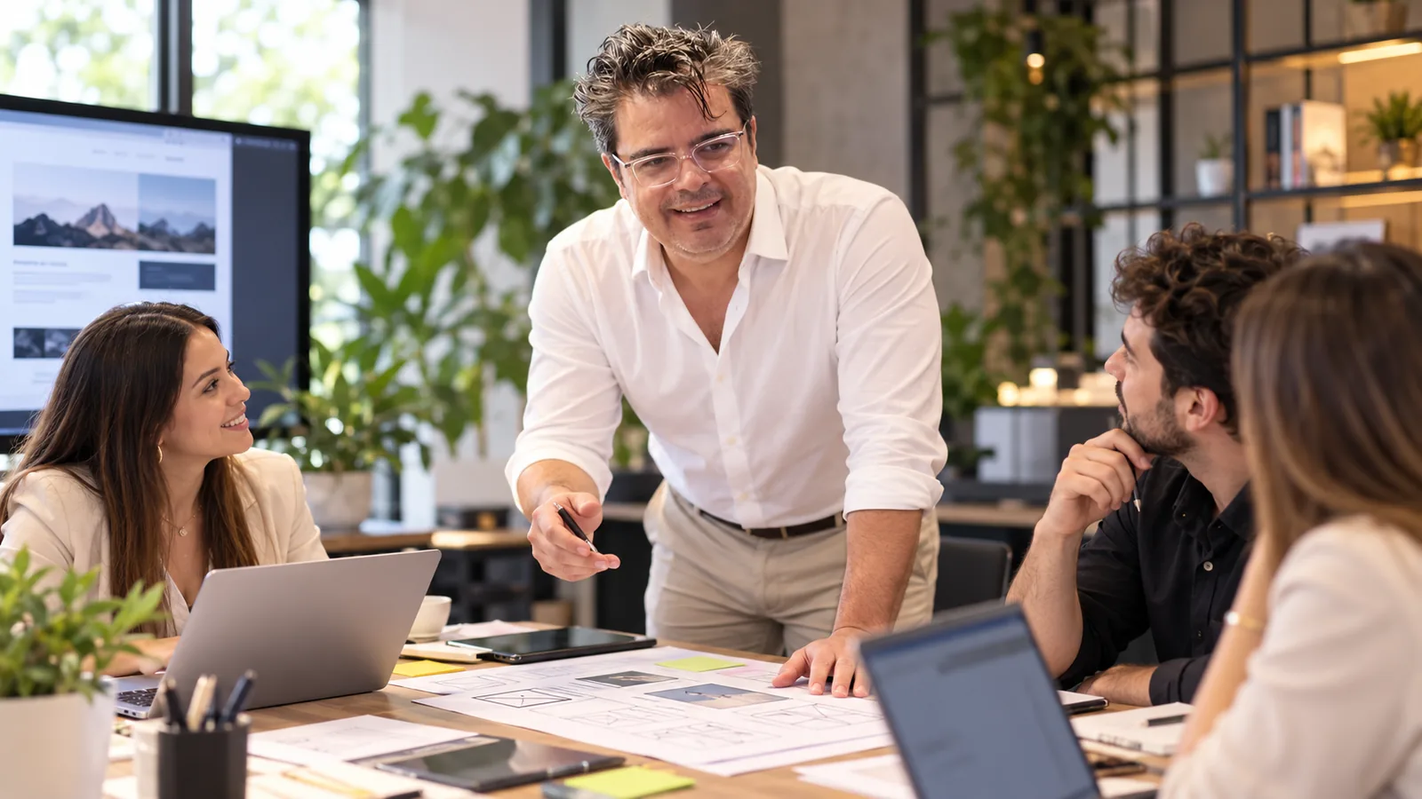 Elio Zambrano, fundador de BIM Soluciones, en una reunión de trabajo con un equipo sobre los bocetos de una web