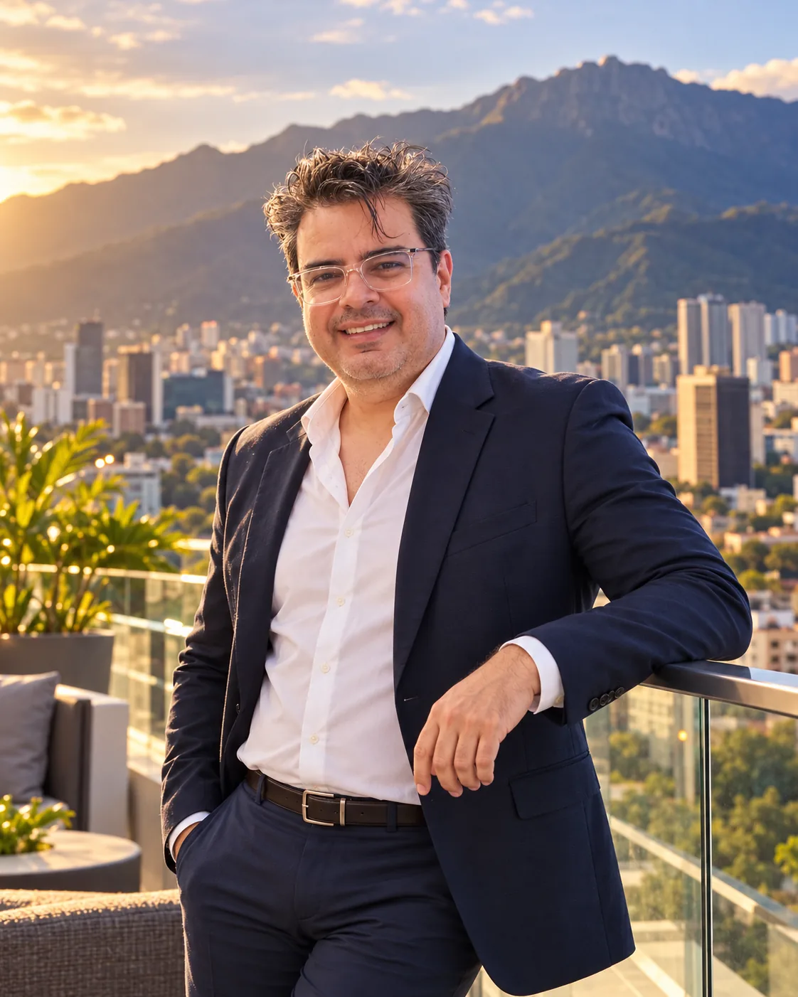 Elio Zambrano, fundador de BIM Soluciones, en una terraza de Caracas al atardecer con El Ávila detrás