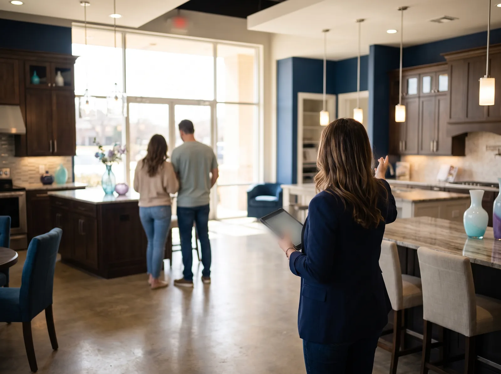 Asesora de una empresa de remodelación de cocinas de Dallas recorre su showroom con clientes que la buscaron en inglés