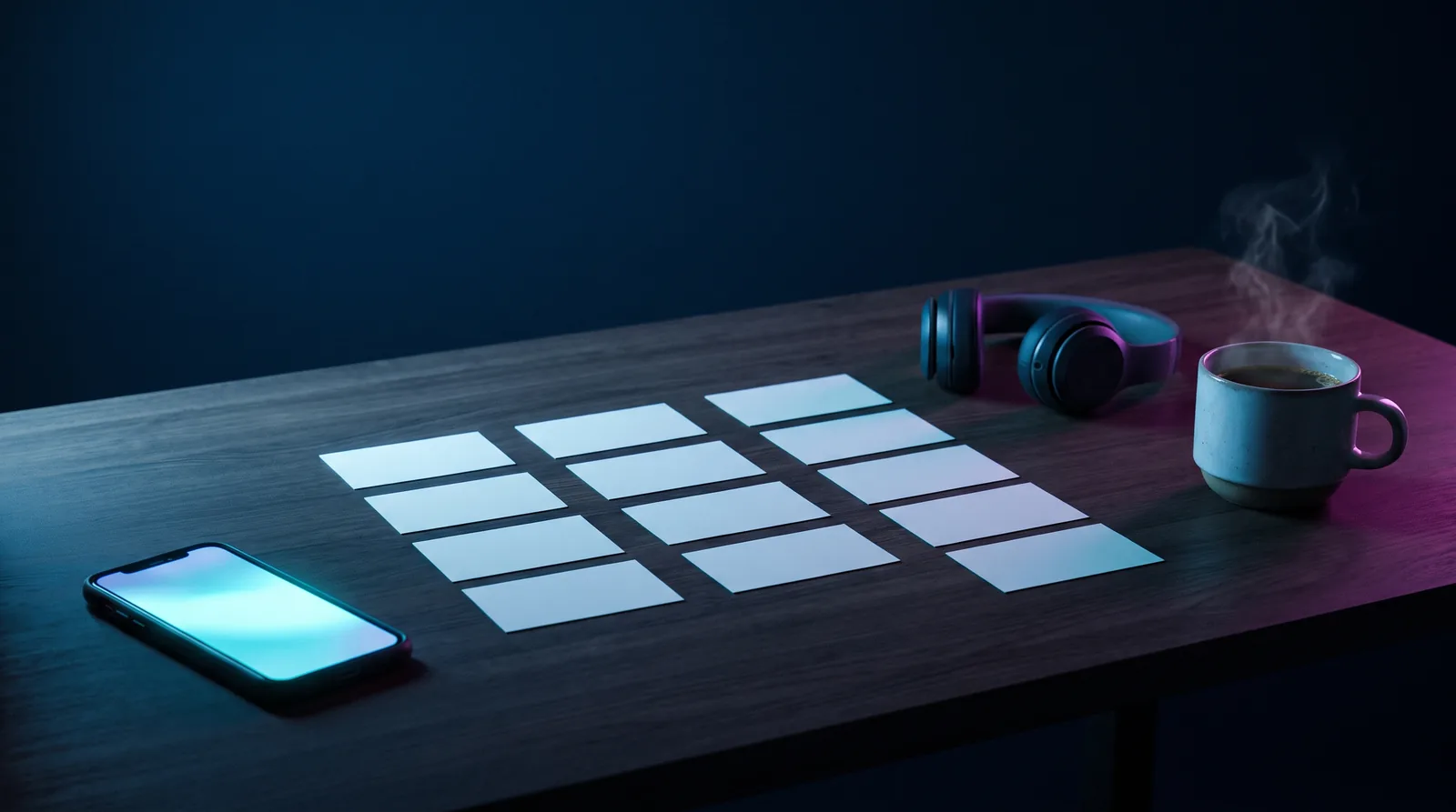 Teléfono con pantalla iluminada, tarjetas en blanco en columnas y auriculares sobre un escritorio oscuro