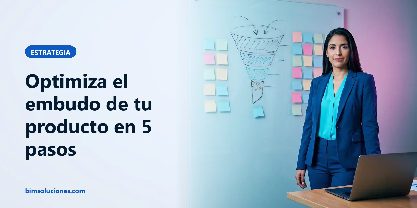 Portada: Embudo de producto en 5 pasos Analista de marketing trabaja en un diagrama de embudo de ventas en una pizarra de vidrio