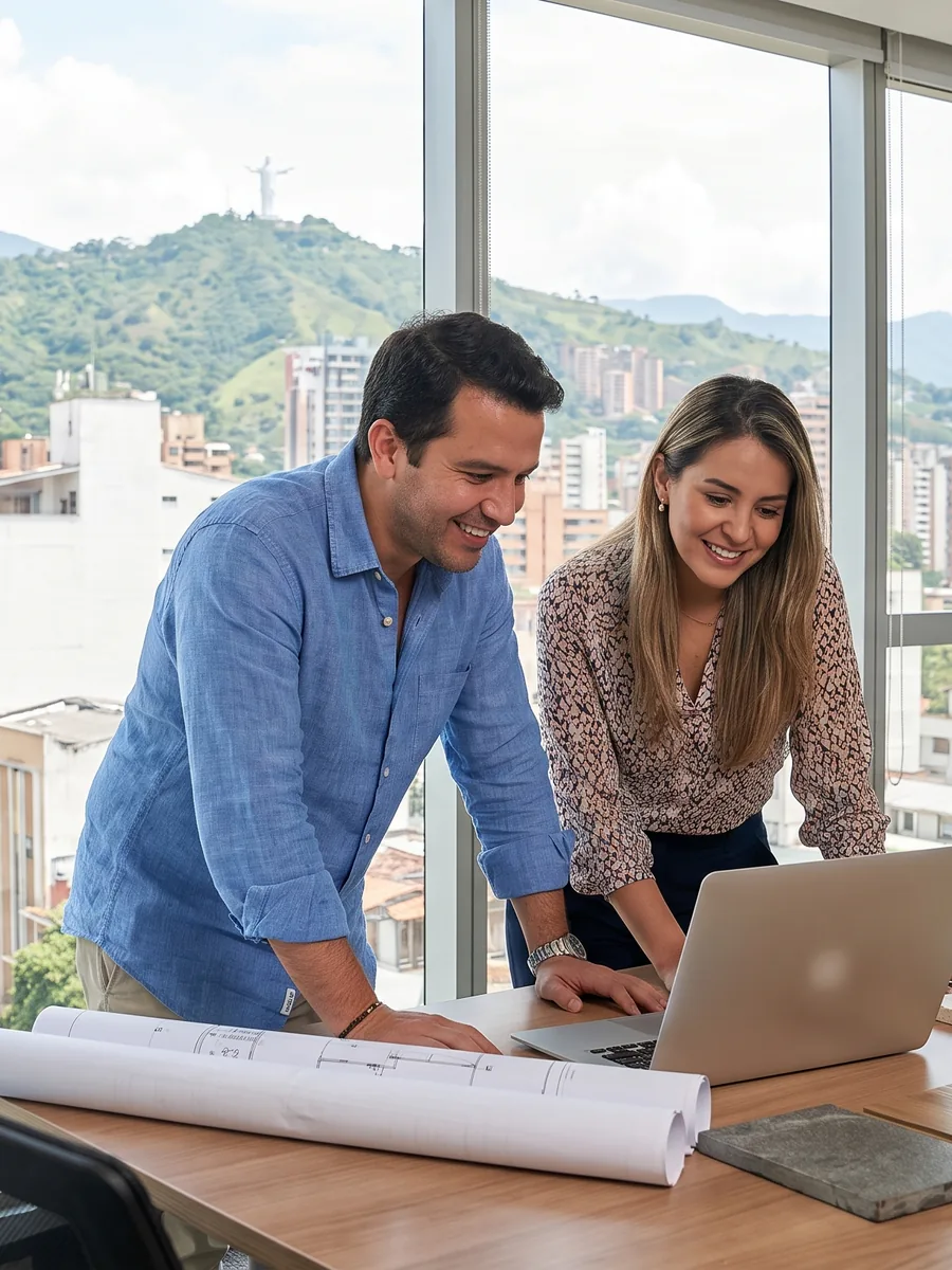 Gerente y directora comercial de una constructora de Cali revisan su página web con los cerros de la ciudad al fondo