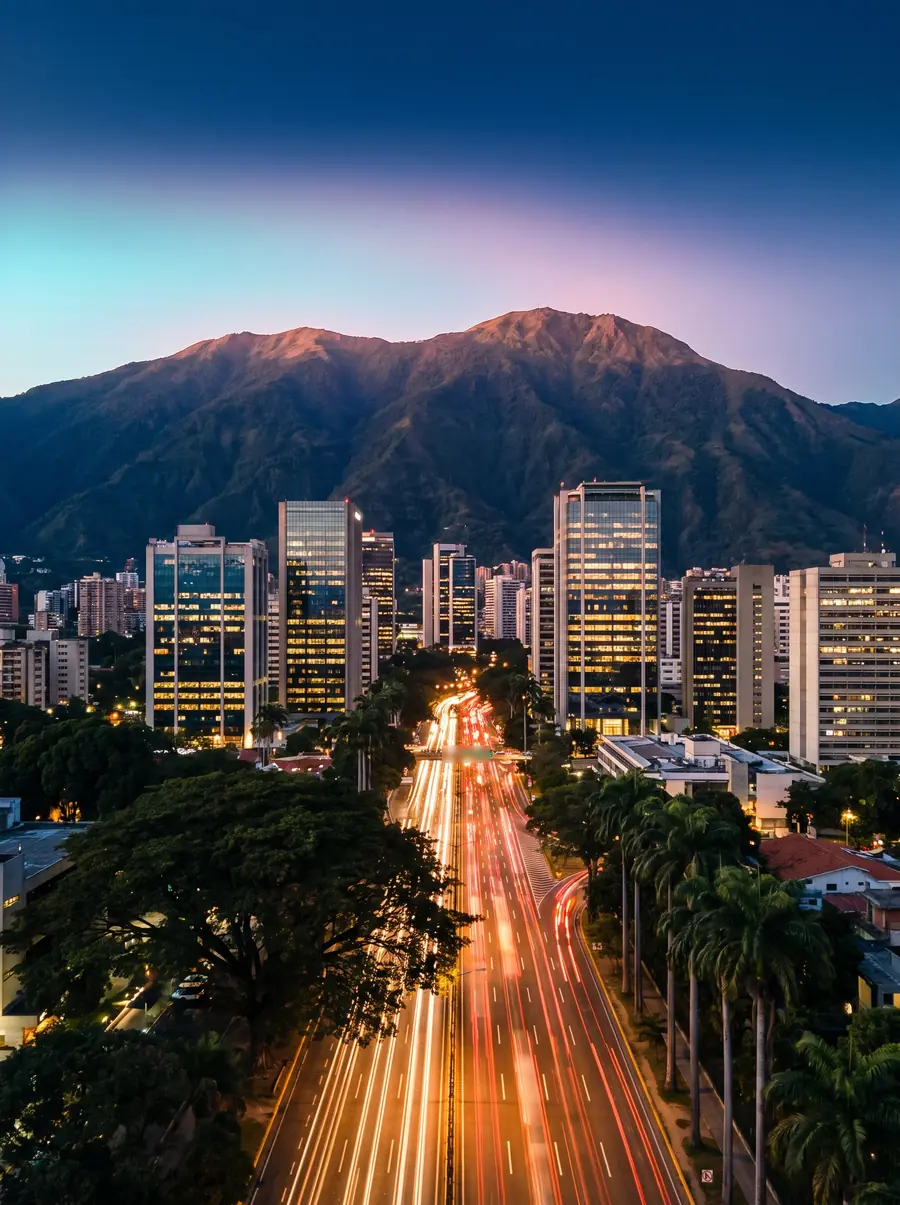 Avenida y torres de oficinas de Caracas al anochecer, con el cerro El Ávila detrás
