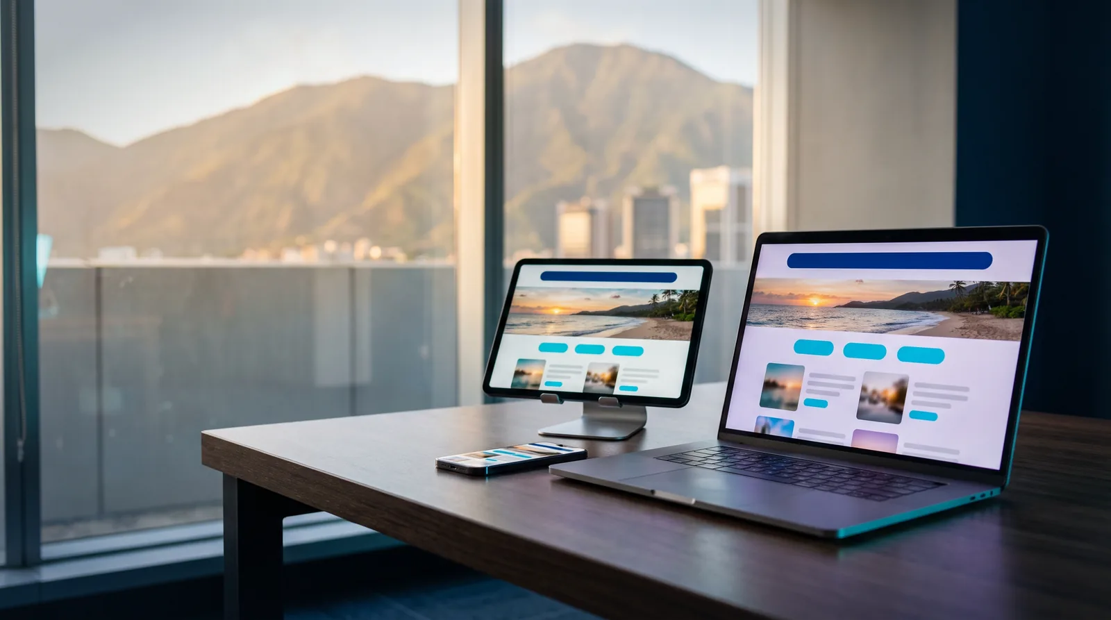 Página web de una empresa vista en laptop, tablet y móvil en una oficina de Caracas con vista a El Ávila