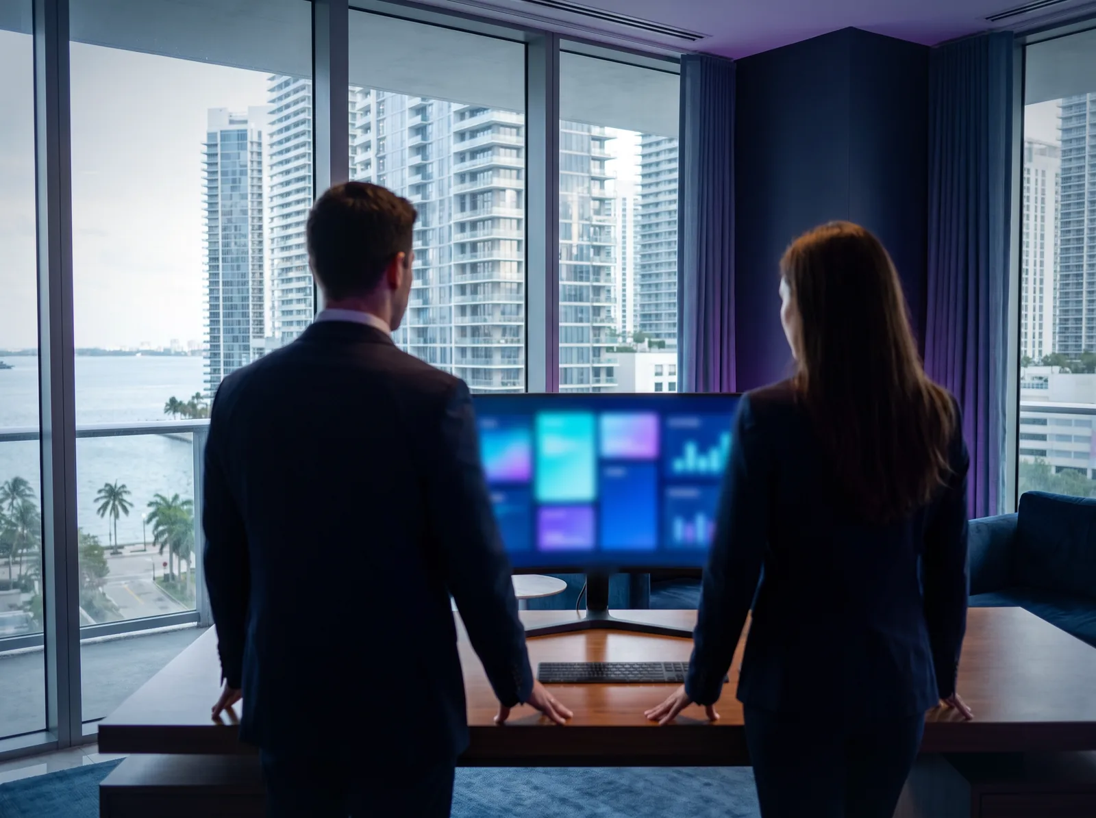 Directivos de una consultora de Brickell, en Miami, revisan en un monitor los contactos que llegan desde su web