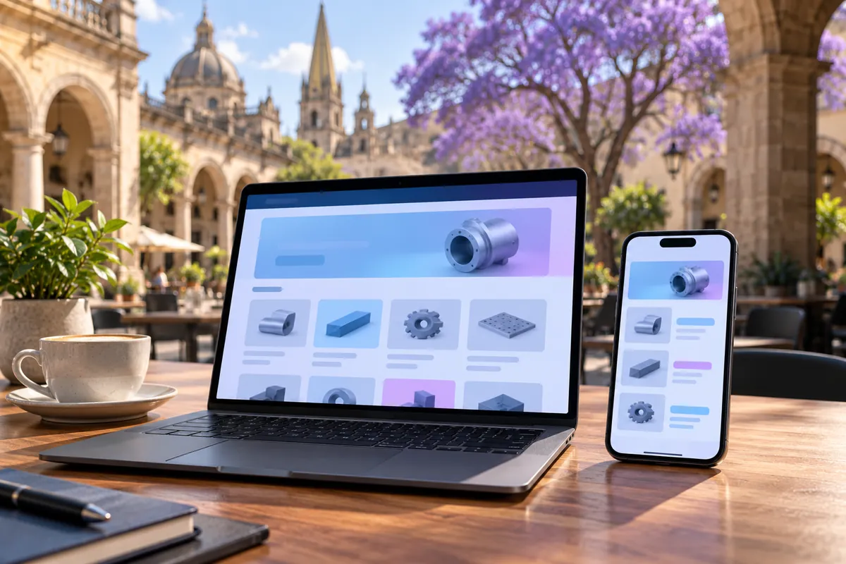 La misma web catálogo vista en computadora y en celular, en una terraza del centro de Guadalajara