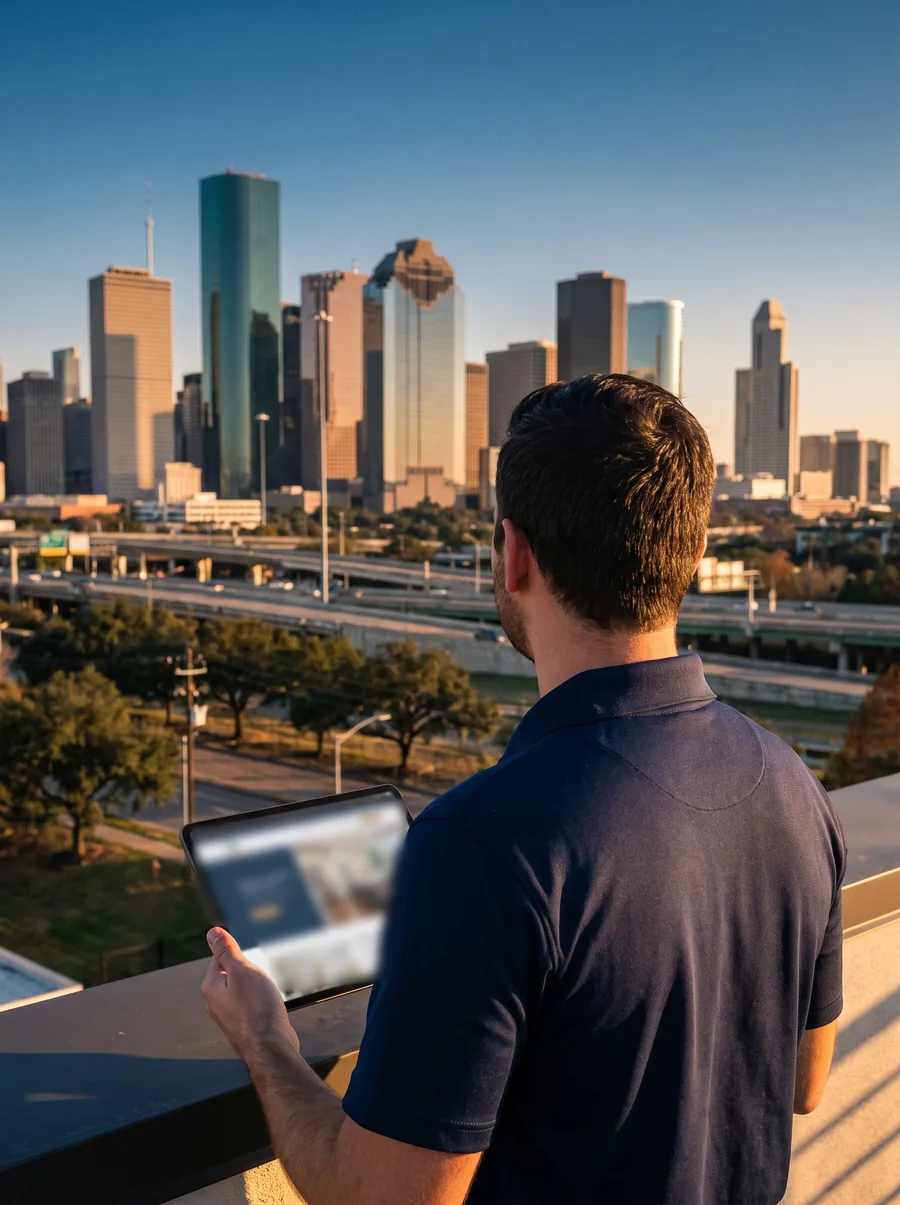 Responsable de una constructora revisa su web en una tableta frente a los rascacielos de Houston