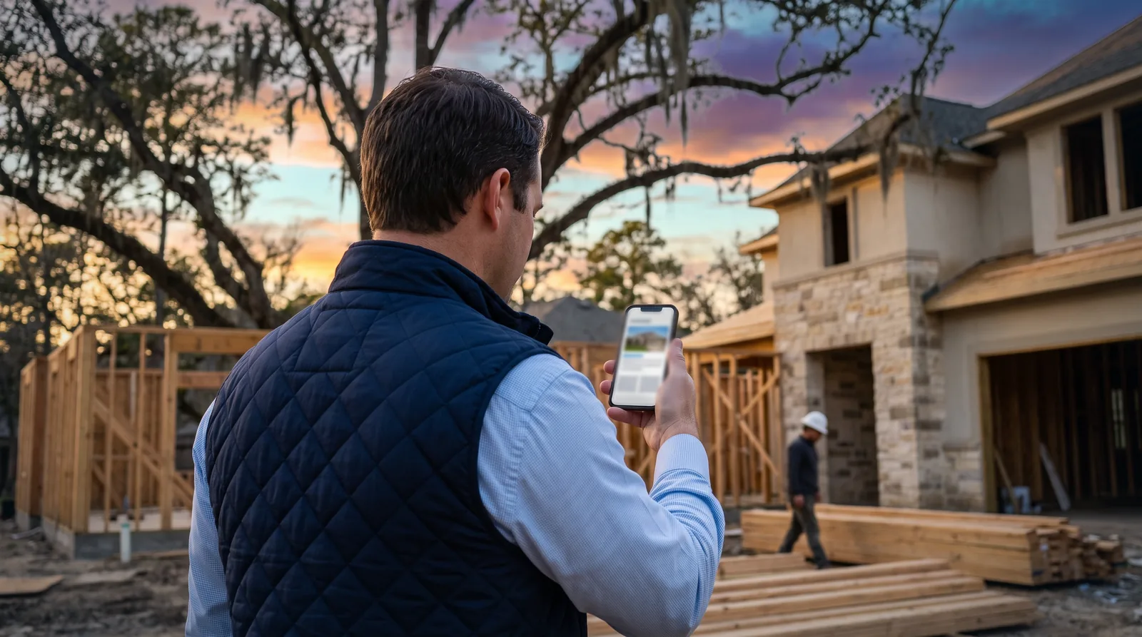 Director de una constructora de casas de alta gama revisa su web en el móvil durante una obra en Houston