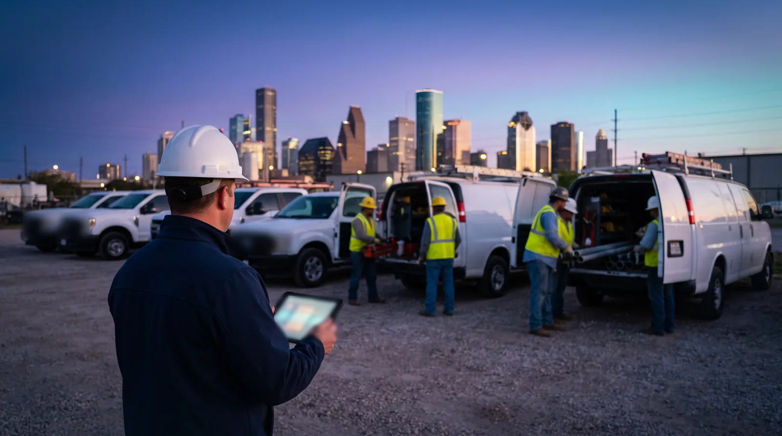 Cuadrillas de una empresa de servicios cargan sus camionetas al amanecer, con el centro de Houston al fondo