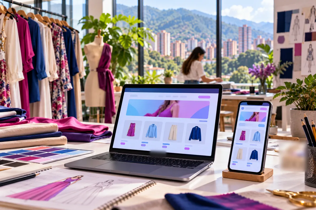 Taller de una marca de moda de Medellín con su tienda virtual abierta en computadora y celular