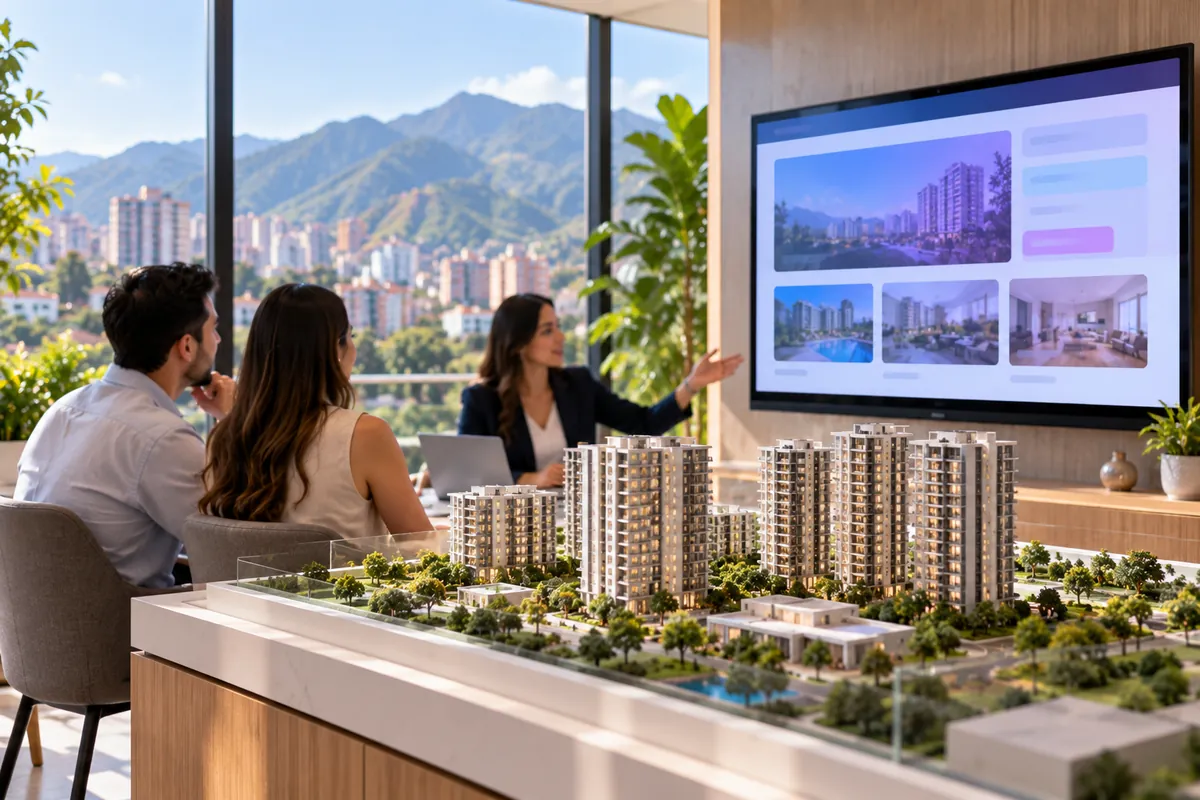 Asesora presenta un proyecto de vivienda con maqueta y página web en una sala de ventas de Medellín