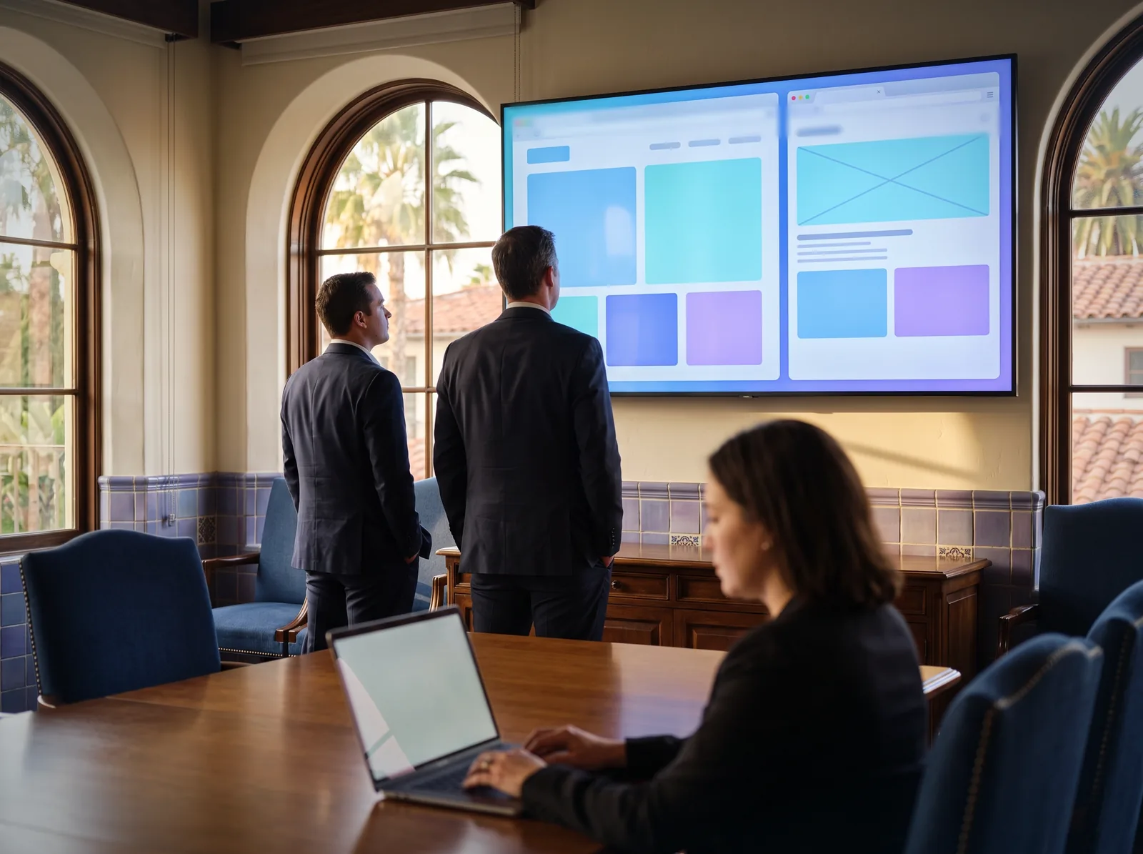 Directivos de una consultora de Coral Gables revisan en pantalla las dos versiones de idioma de su web