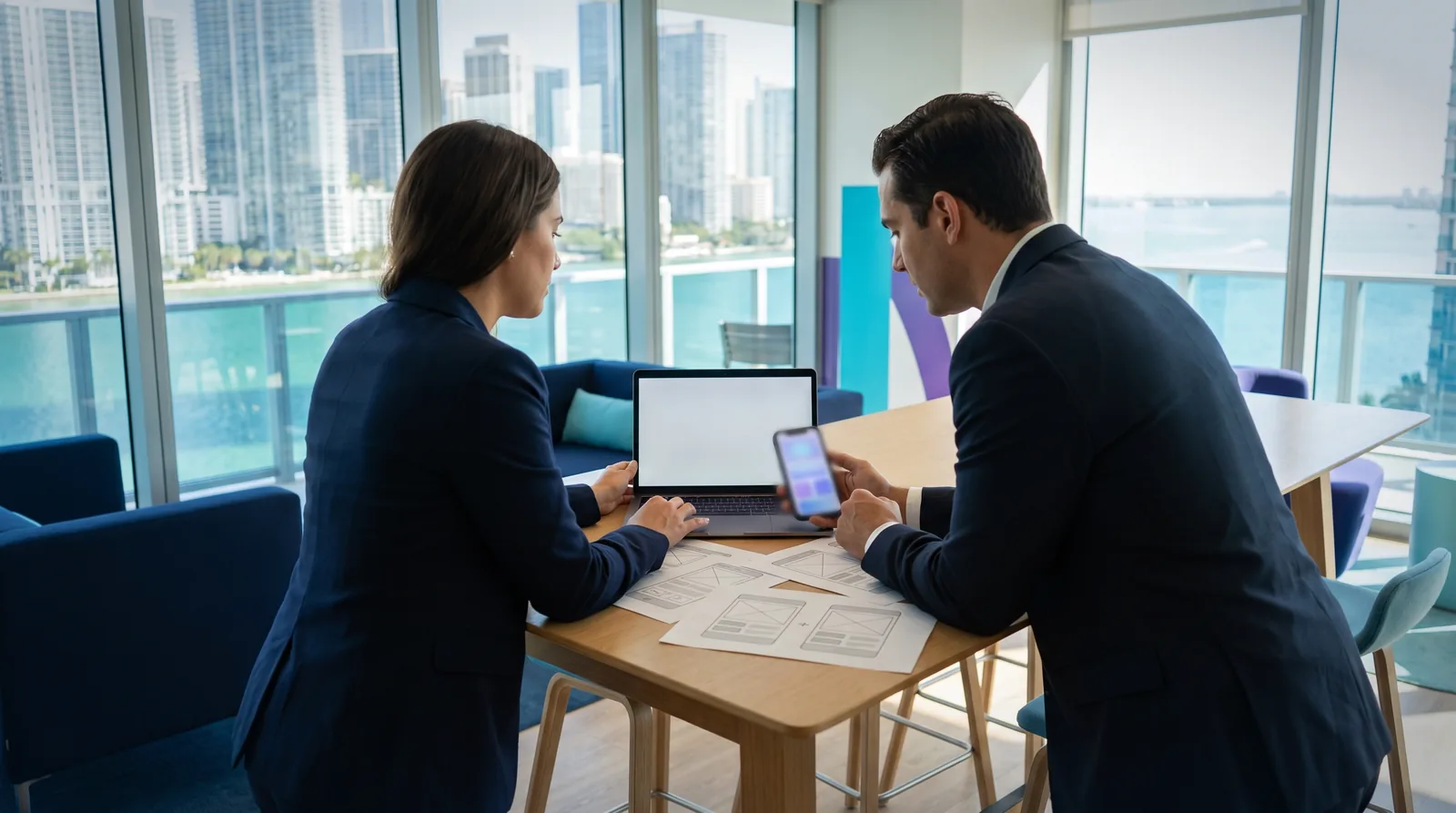 Gerente de marketing y gerente general revisan su nueva web en laptop y móvil en una oficina de Brickell