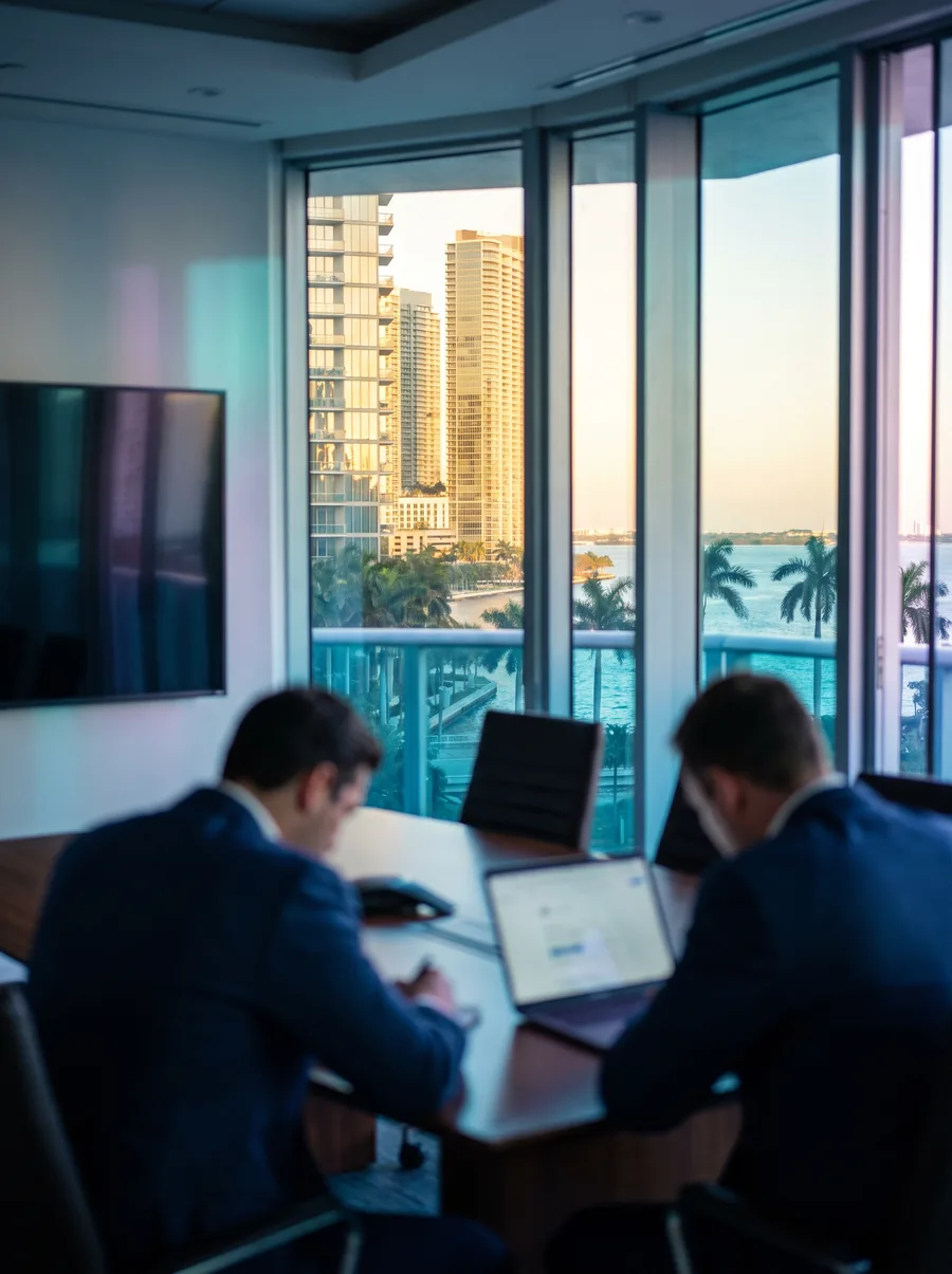 Consultores revisan la web de su empresa en una sala de juntas de Miami frente a Brickell y la bahía