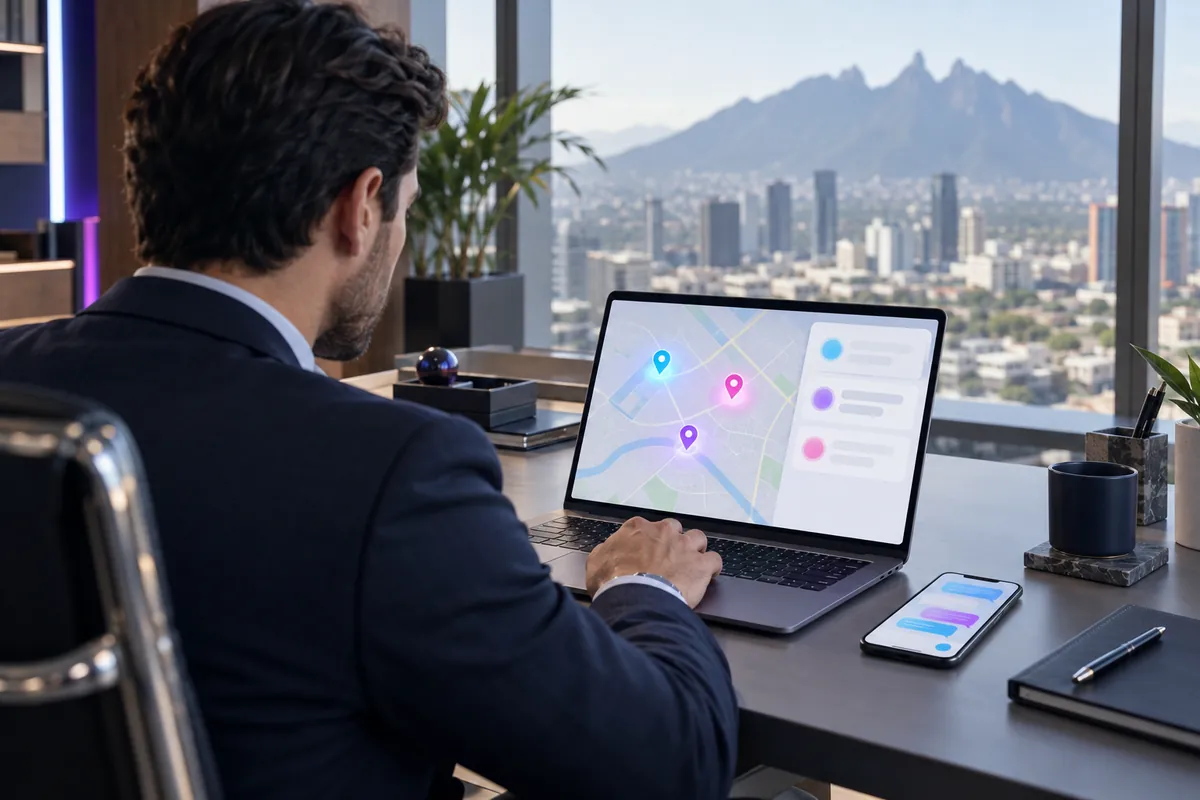 Gerente de compras de Monterrey busca proveedores en un mapa con tres resultados y consulta a la IA en el celular