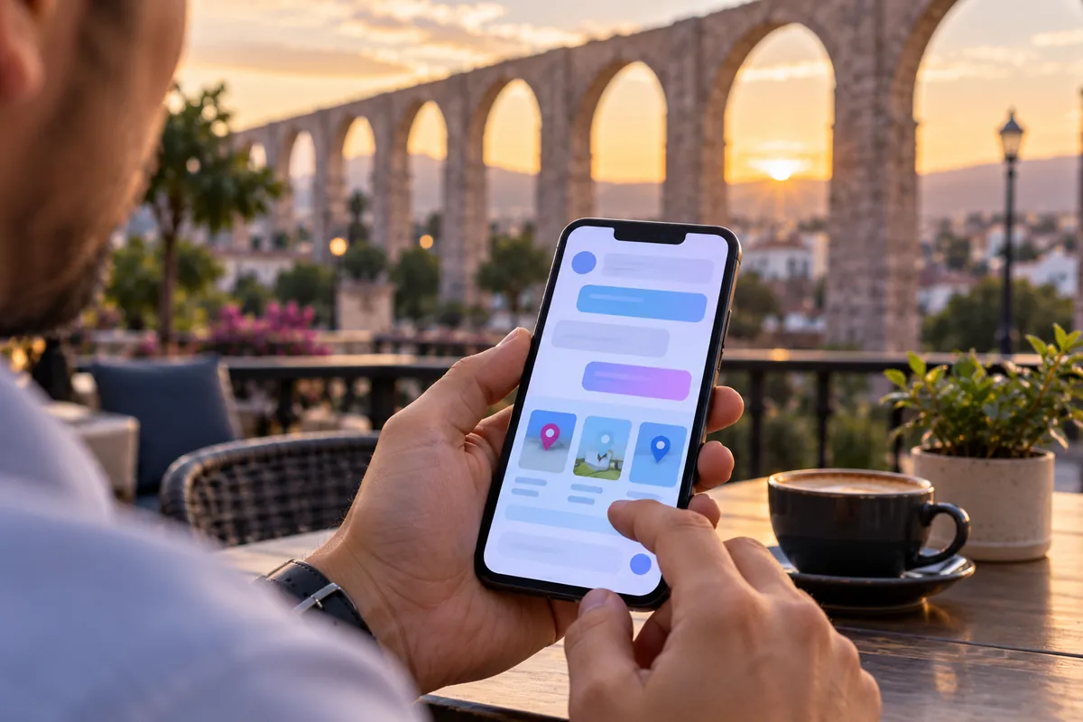 Persona consulta a la IA en el celular por proveedores de Querétaro, con el acueducto al fondo