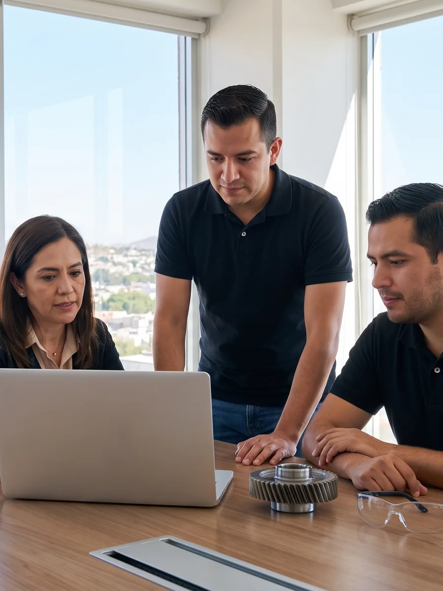 Directora de una empresa de autopartes de Querétaro revisa su página web con su equipo frente al acueducto