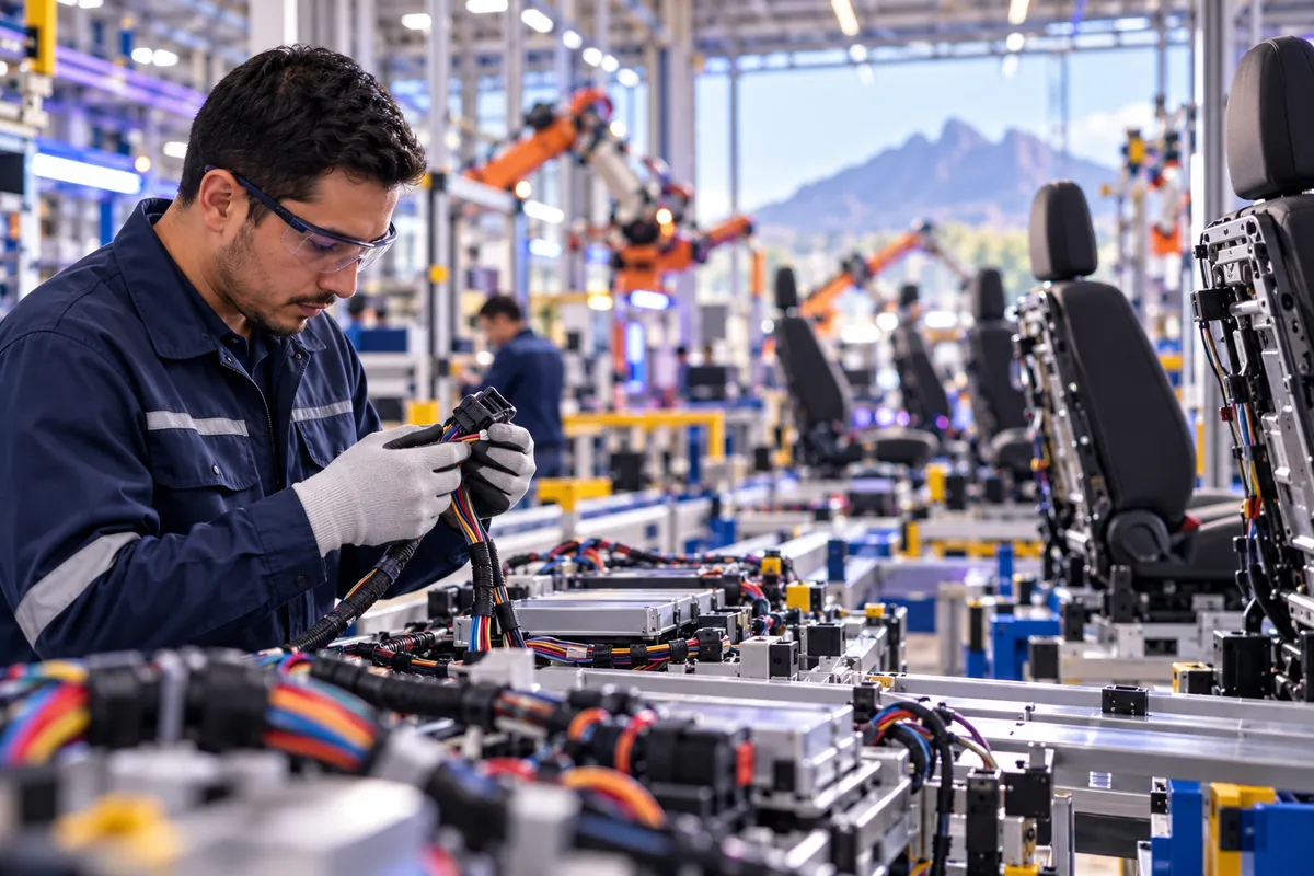 Ingeniero de calidad revisa un arnés eléctrico en una planta de autopartes de Querétaro