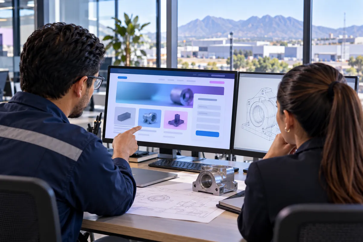 Ingeniero y gerente comercial comparan la nueva página web con el plano de una pieza en Querétaro