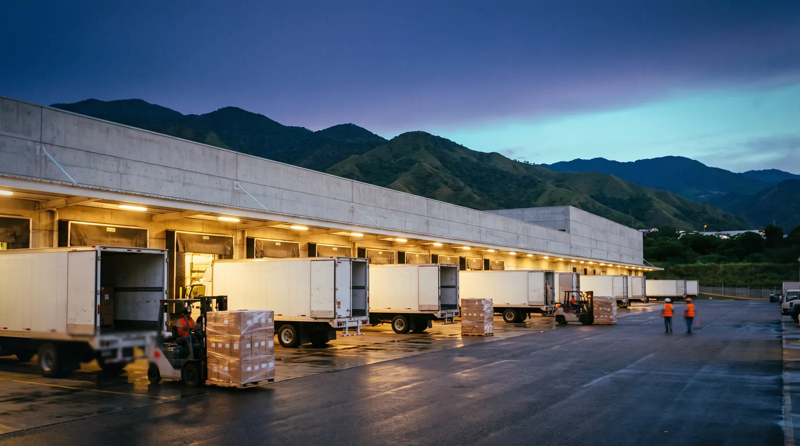 Andenes de carga de un centro de distribución nacional en Venezuela al anochecer, con montañas detrás
