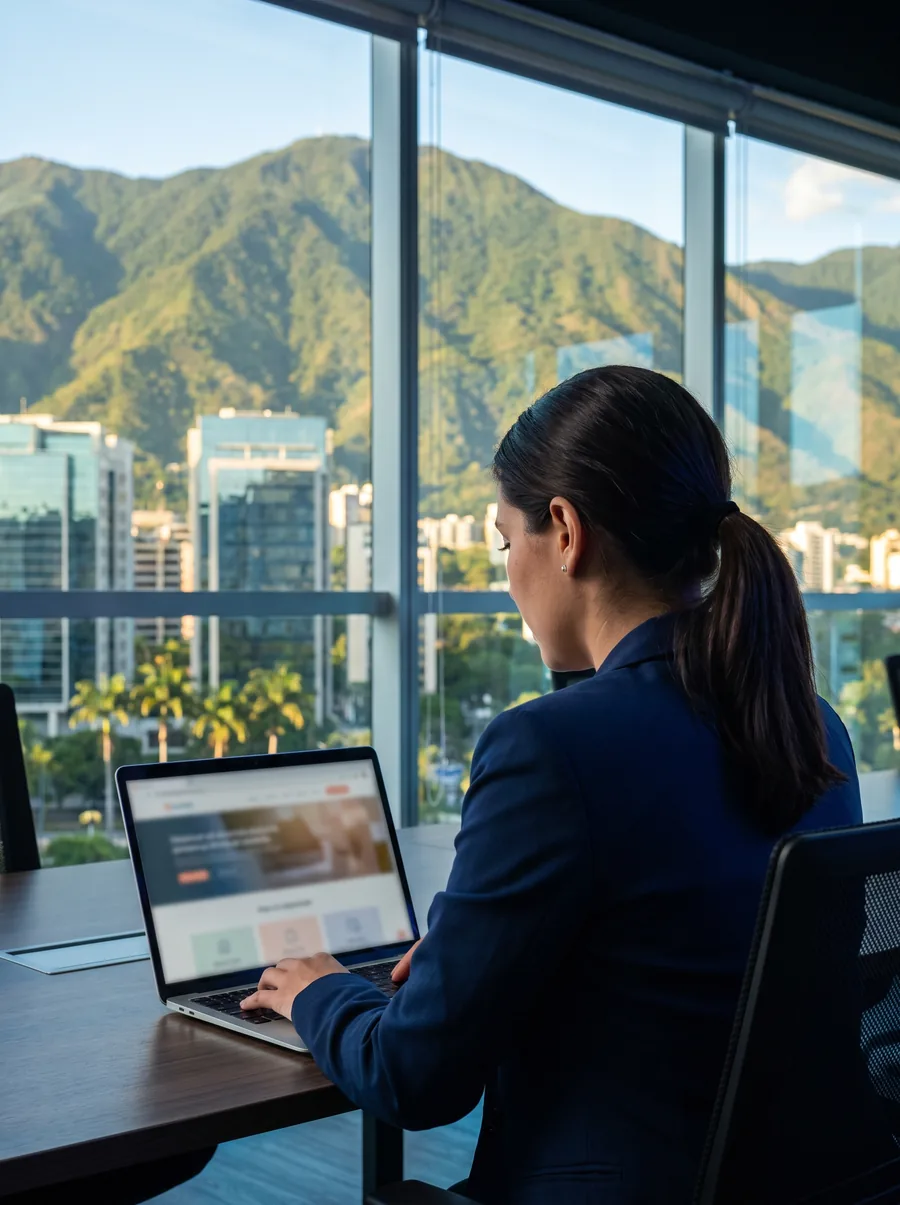 Empresaria revisa la página web de su negocio en una oficina de Caracas con vista al cerro El Ávila